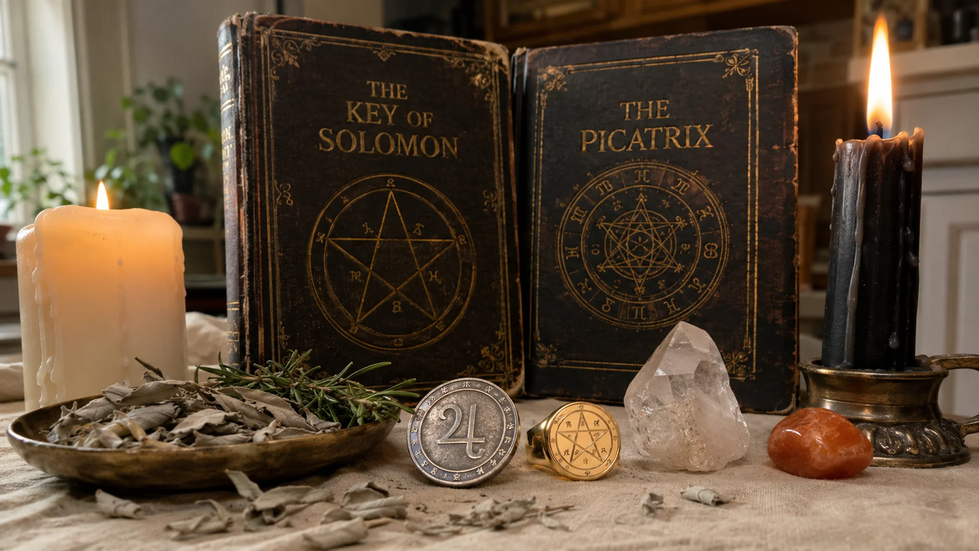 Witchcraft altar with Key of Solomon and Picatrix grimoires, candles, quartz, sunstone, and Jupiter and Mercury talismans