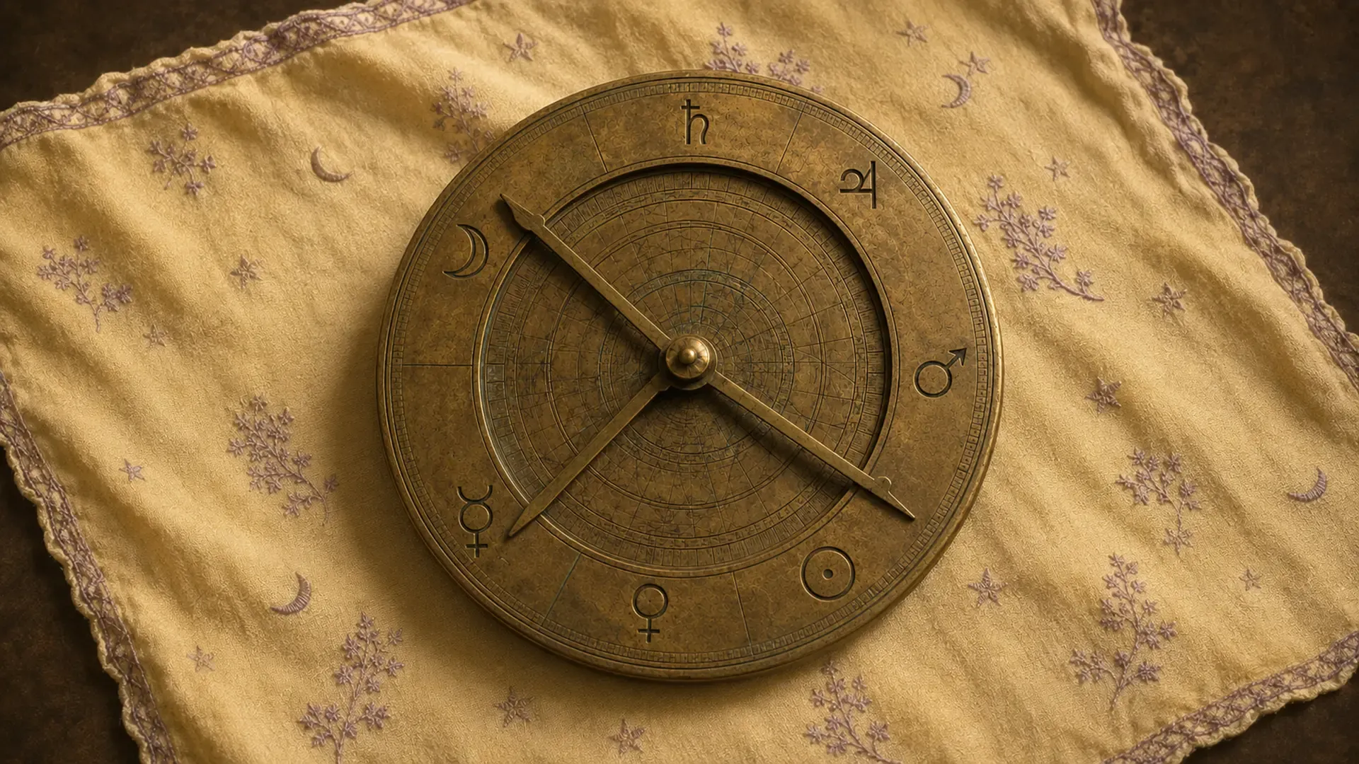 Antique brass astrolabe with planetary symbols resting on pale yellow cloth embroidered with lavender stars and florals