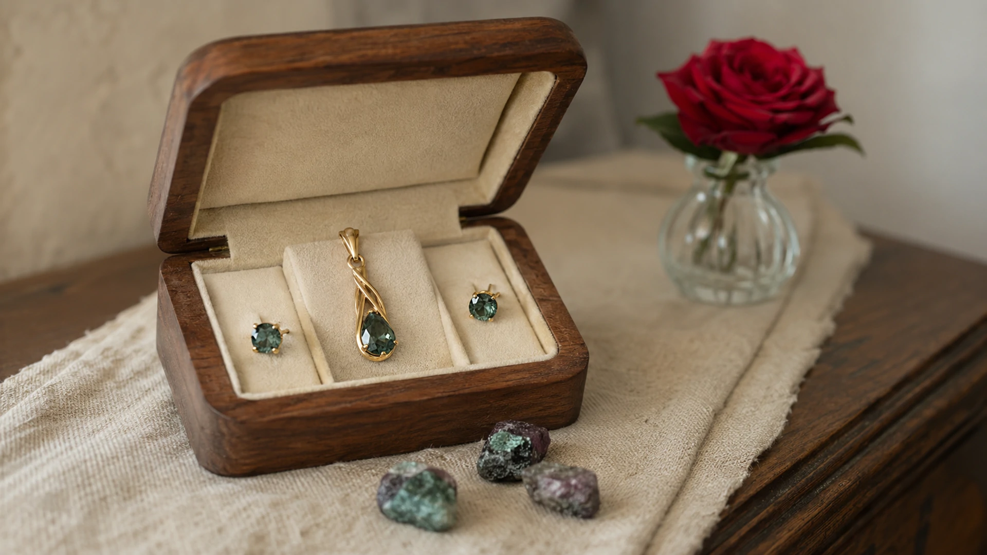 Raw alexandrite crystals and a gold pendant and earrings in an open jewelry box beside a red rose on a dresser.