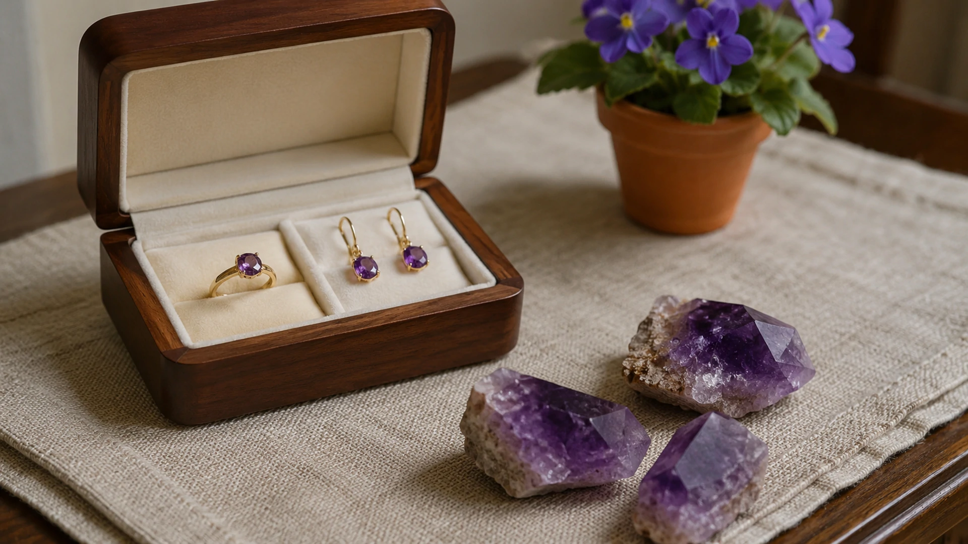 Raw amethyst crystals and a gold ring and earrings in an open jewelry box beside violets on a sunlit dresser.