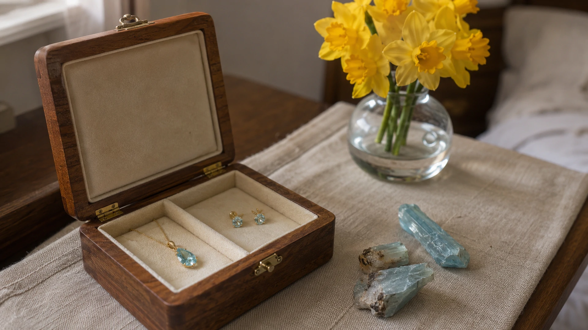 Raw aquamarine crystals and a gold pendant and earrings in an open jewelry box beside a jonquil on a sunlit dresser.