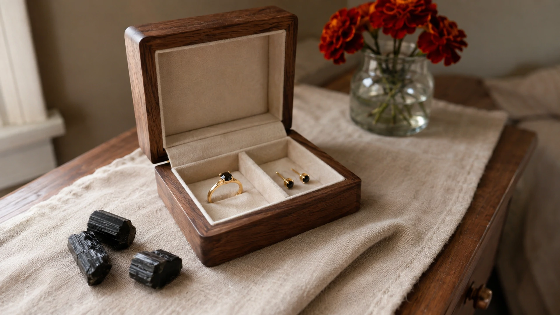 Raw black tourmaline crystals and a gold ring and earrings in an open jewelry box beside red marigold on a dresser.