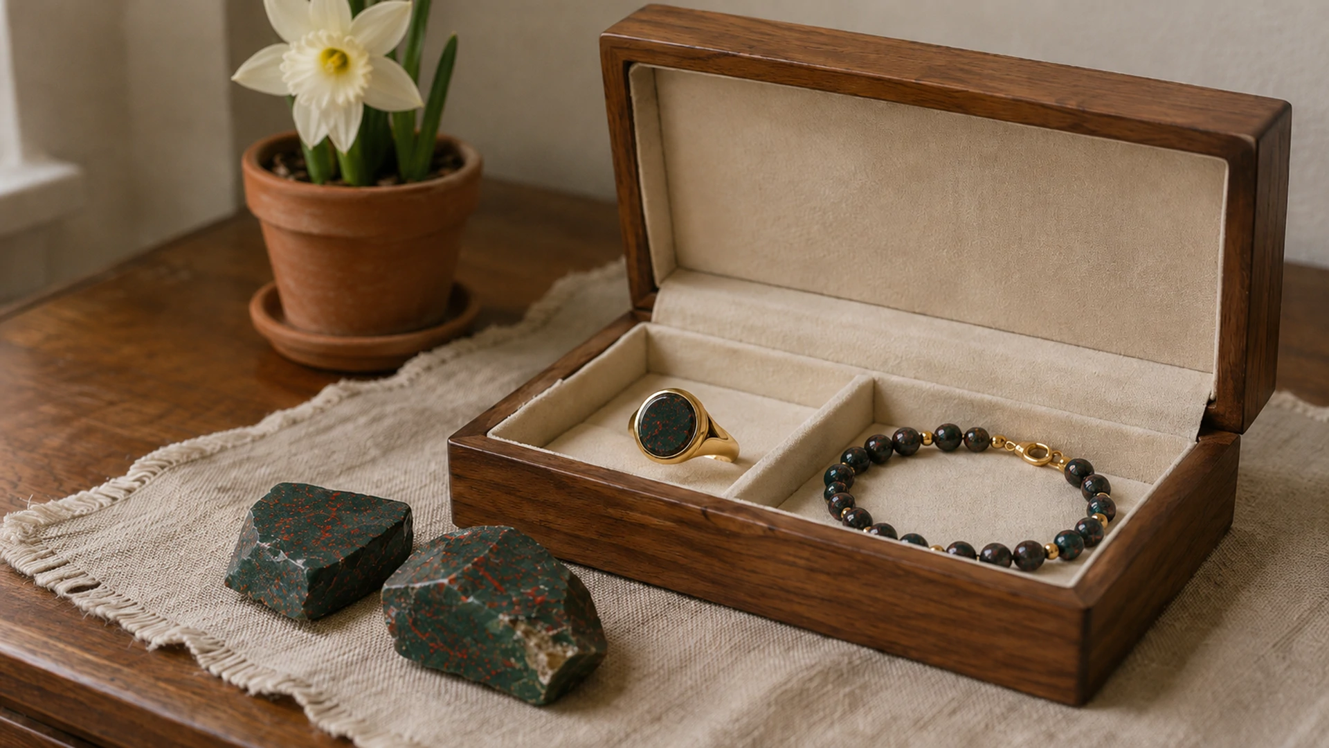 Raw bloodstone chunks and a gold ring and bracelet in an open jewelry box beside a white daffodil on a sunlit dresser.