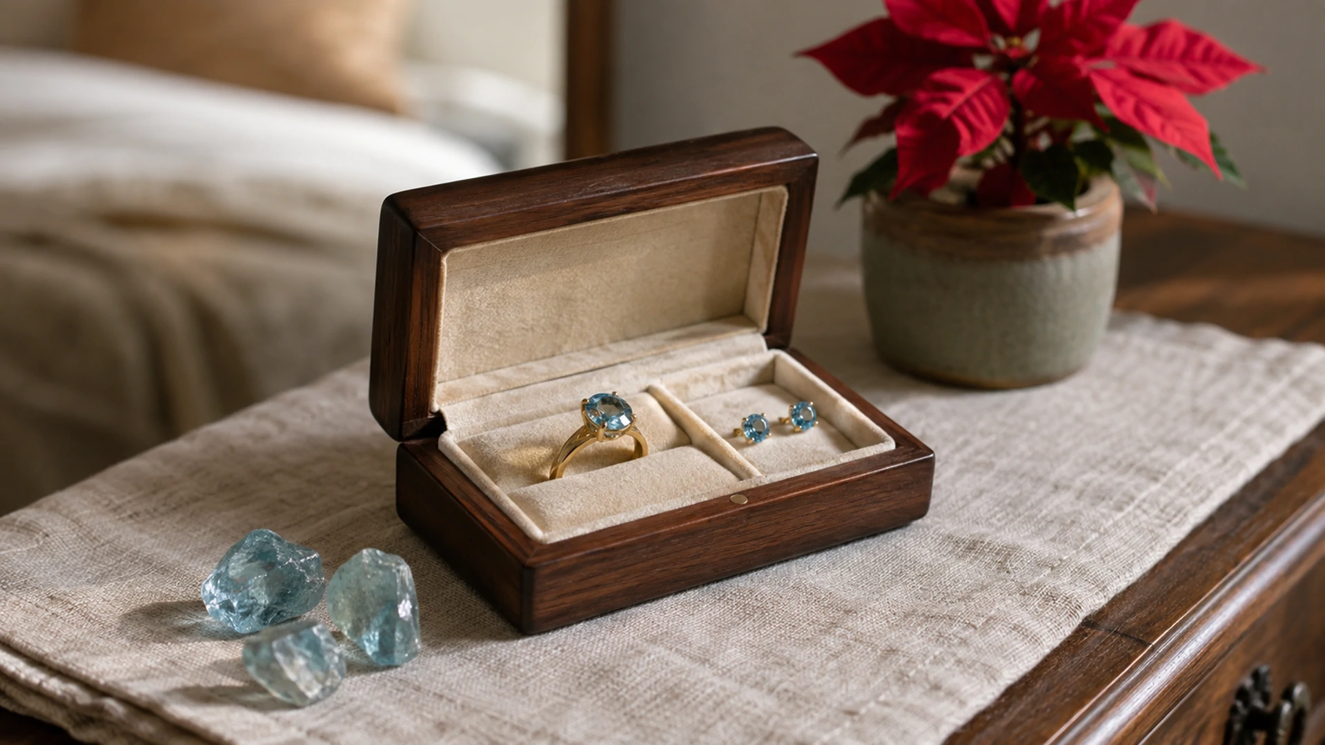 Raw blue topaz crystals and a gold ring and earrings in an open jewelry box beside a potted poinsettia on a dresser.