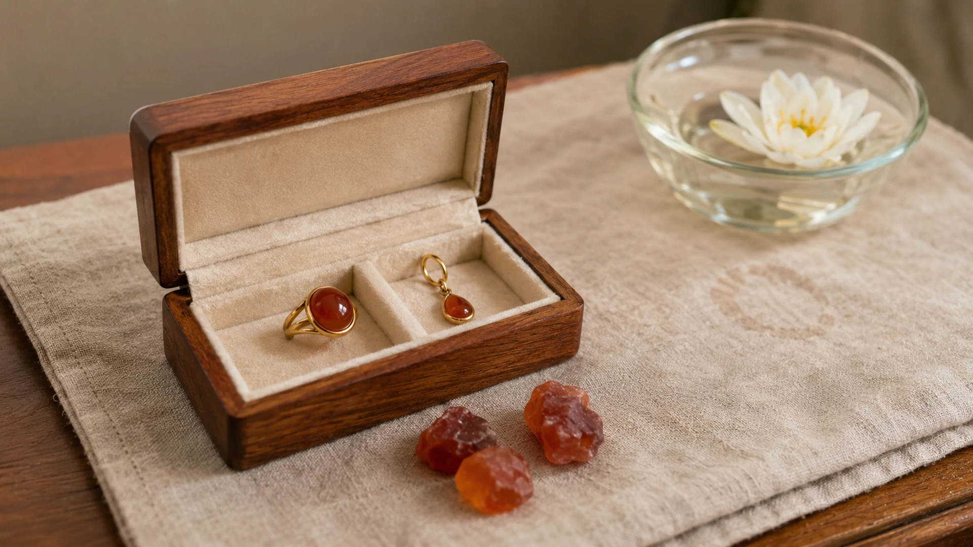 Raw carnelian nodules and a gold ring and pendant in an open jewelry box beside a floating water lily.
