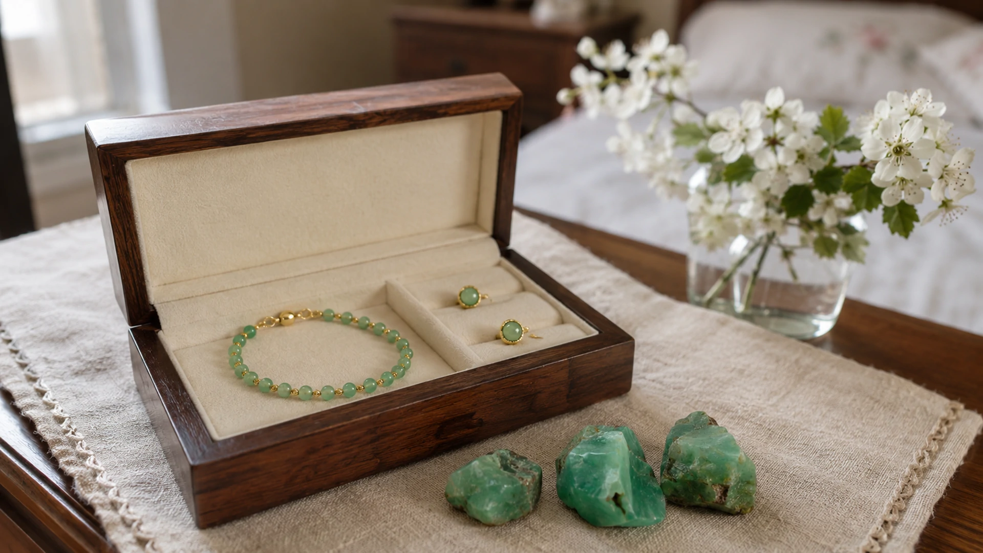 Raw chrysoprase nodules and a gold bracelet and earrings in an open jewelry box beside white hawthorn on a dresser.