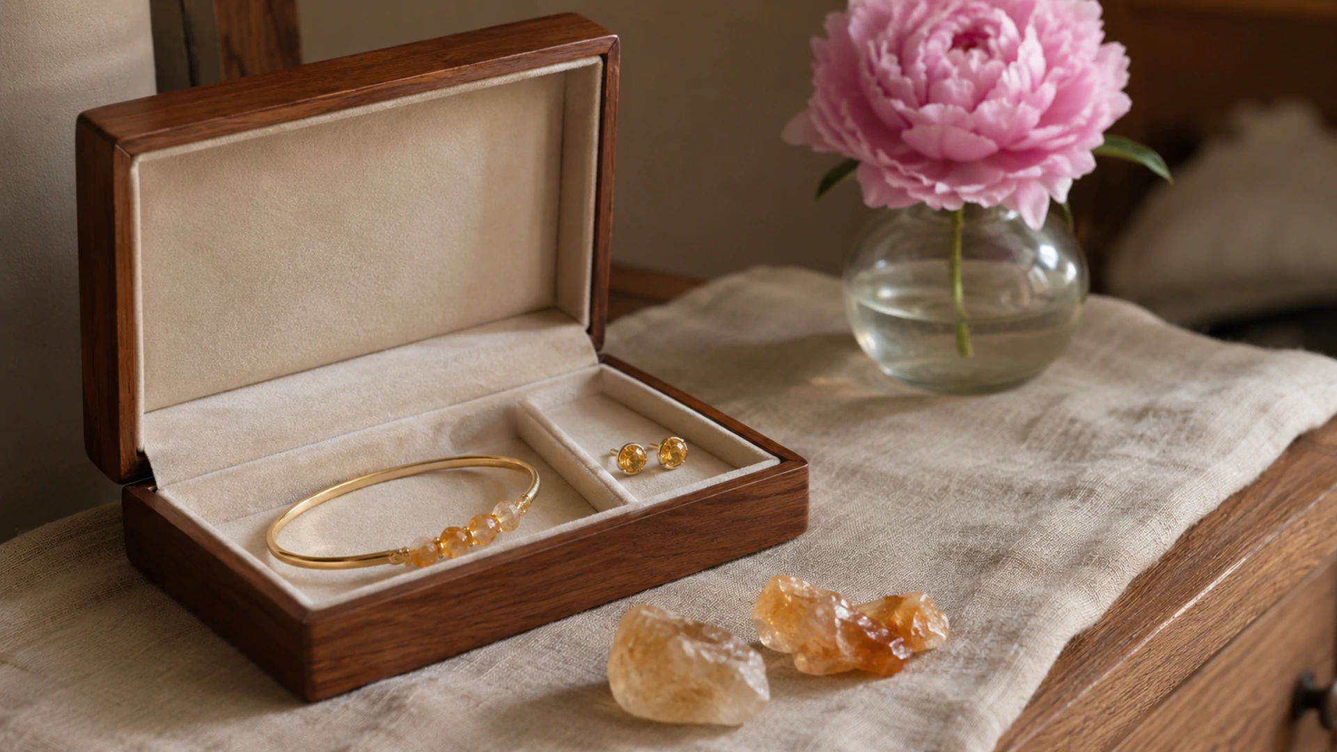 Raw citrine crystals and a gold bracelet and earrings in an open jewelry box beside a pink peony on a dresser.