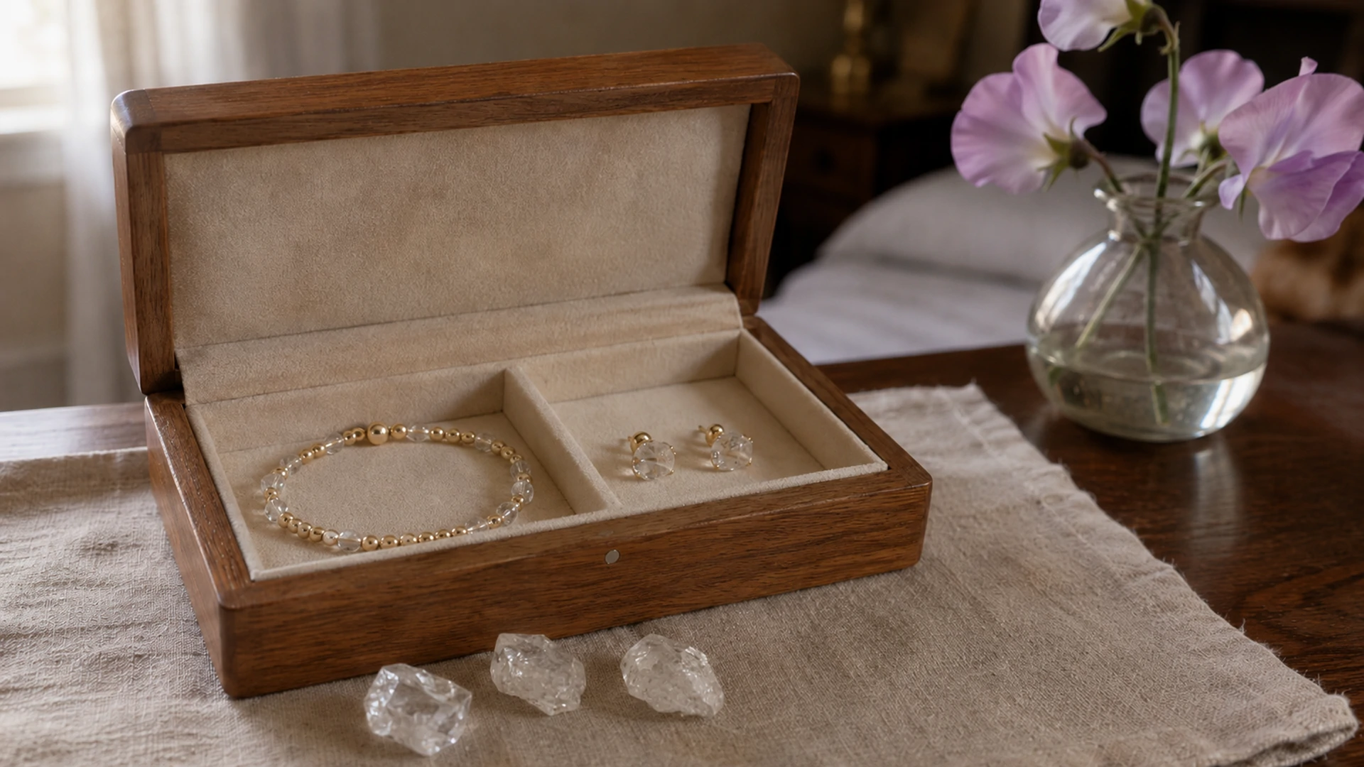 Raw quartz crystals and a gold bracelet and earrings in an open jewelry box beside a sweet pea on a sunlit dresser.