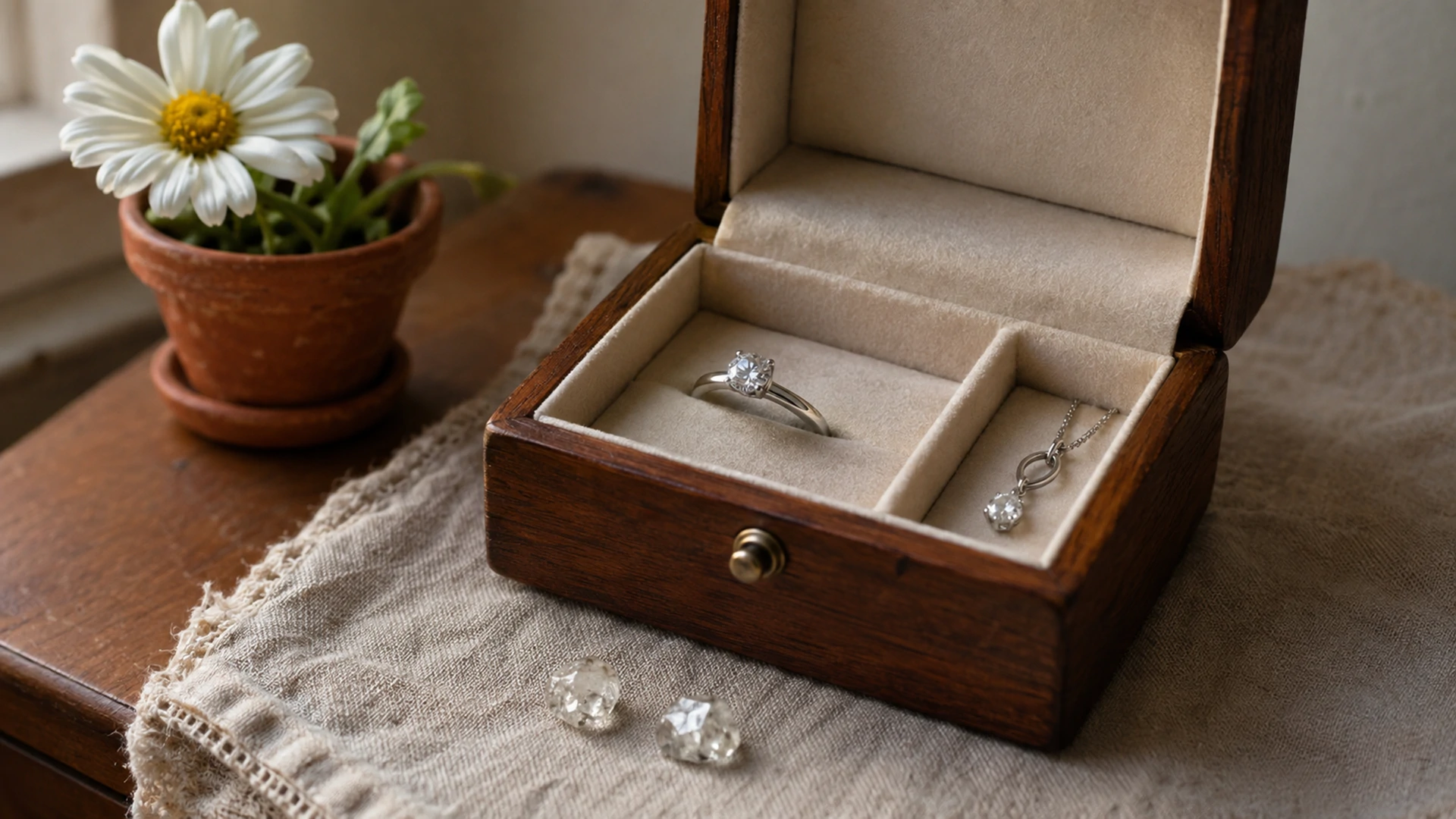 A rough diamond crystal and a platinum ring and pendant in an open jewelry box beside a daisy on a sunlit dresser.