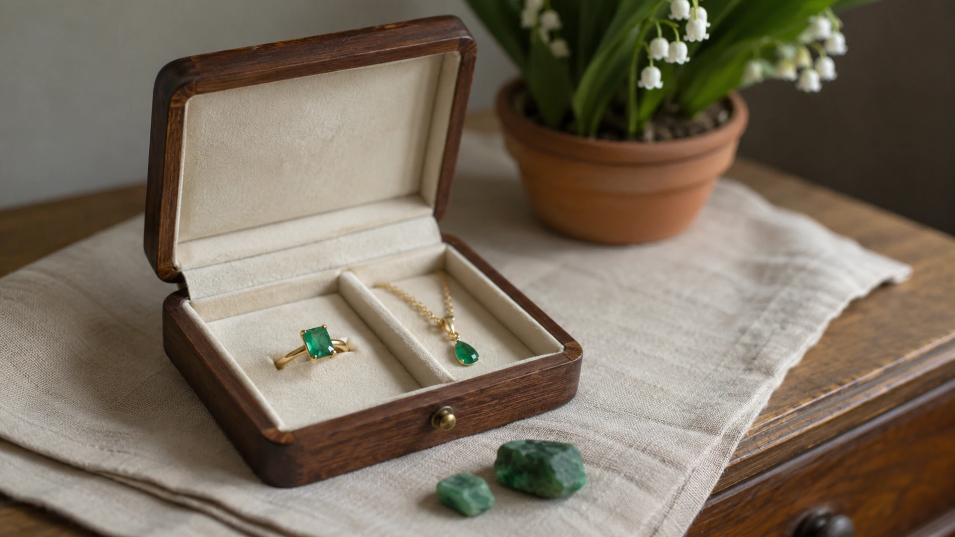 Raw emerald crystals and a gold ring and pendant in an open jewelry box beside lily of the valley on a dresser.