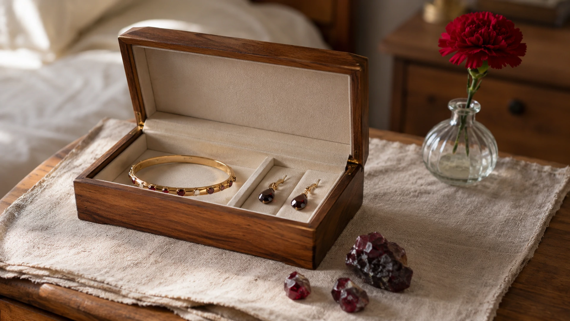 Raw garnet crystals and a gold bracelet and earrings in an open jewelry box beside a carnation on a sunlit dresser.