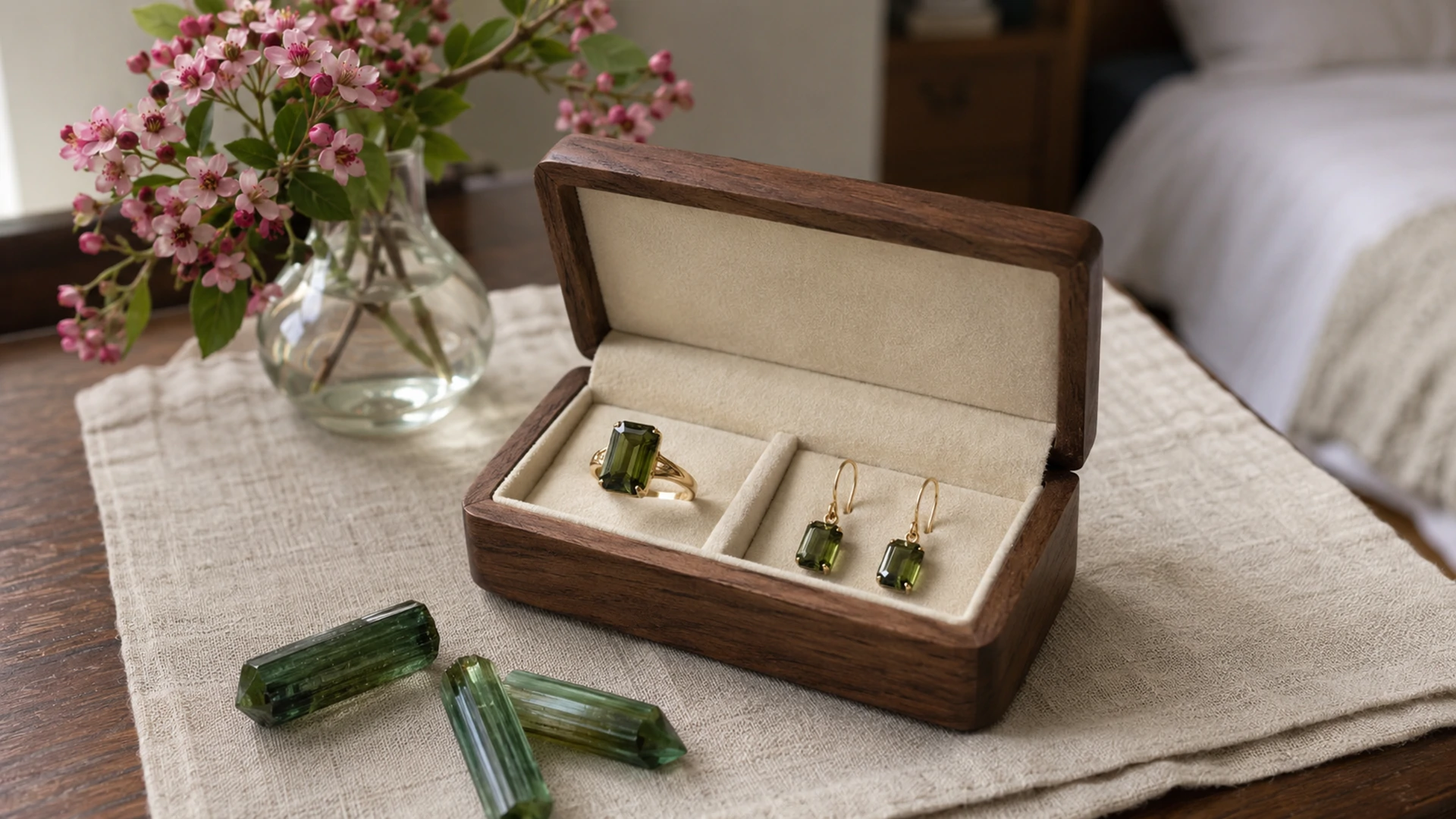 Raw green tourmaline crystals and a gold ring and earrings in an open jewelry box beside pink hawthorn on a dresser.