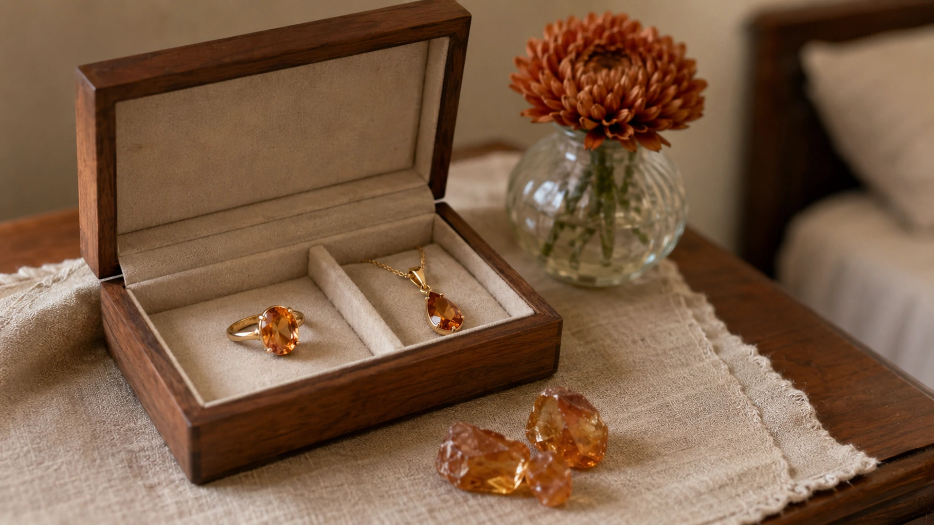 Raw imperial topaz crystals and a gold ring and pendant in an open jewelry box beside a bronze mum on a dresser.