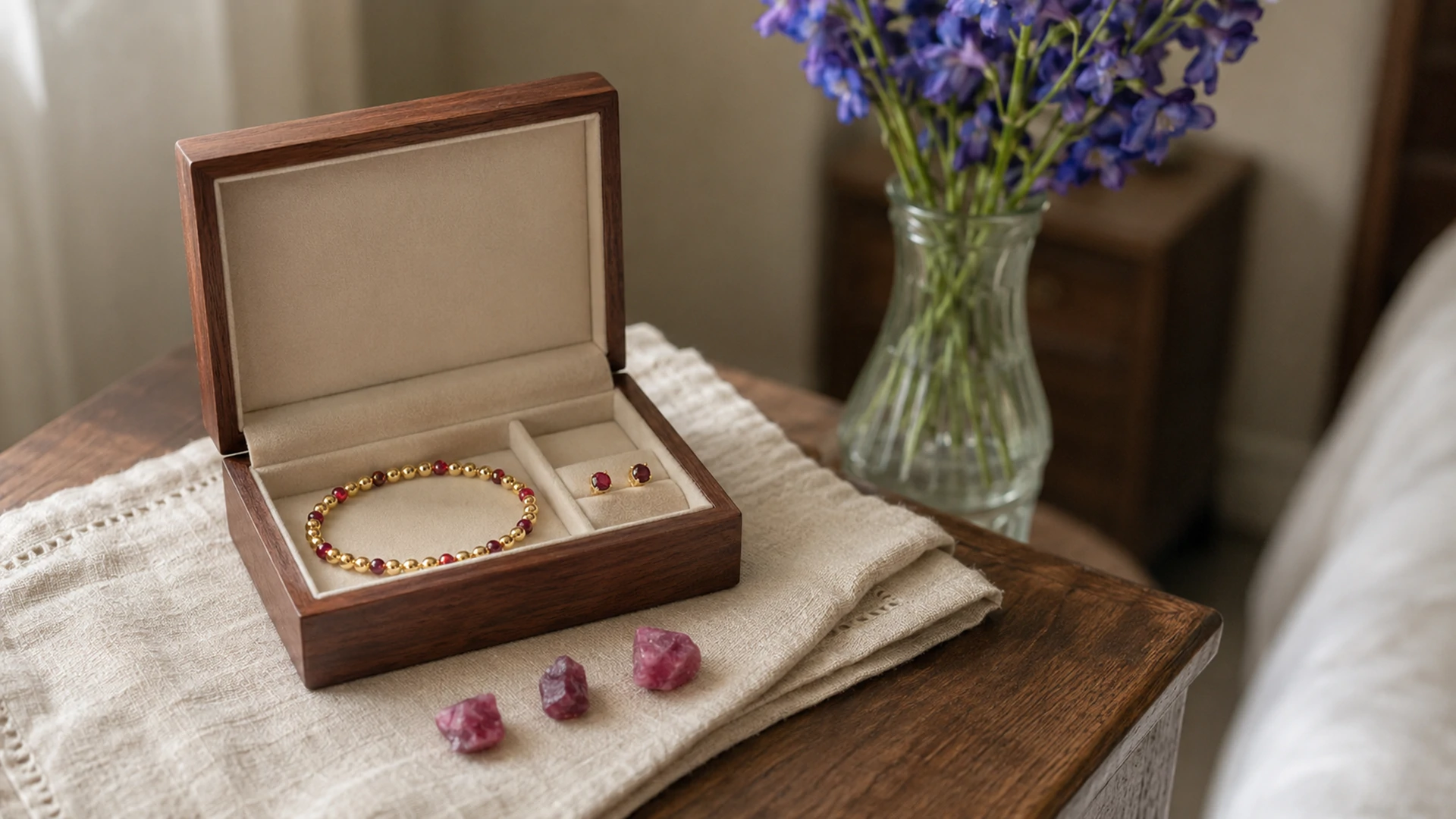 Raw ruby crystals and a gold bracelet and earrings in an open jewelry box beside larkspur on a dresser.