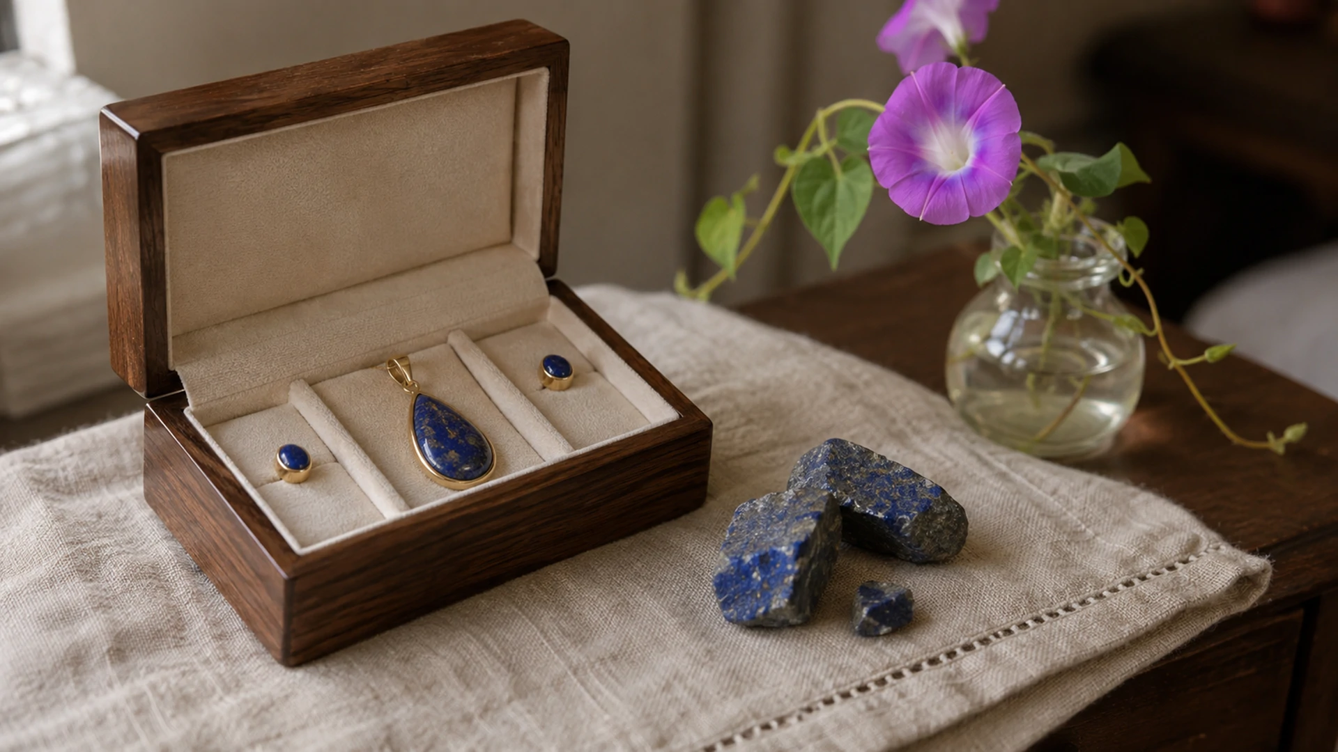 Raw lapis lazuli pieces and a gold pendant and earrings in an open jewelry box beside morning glory on a dresser.