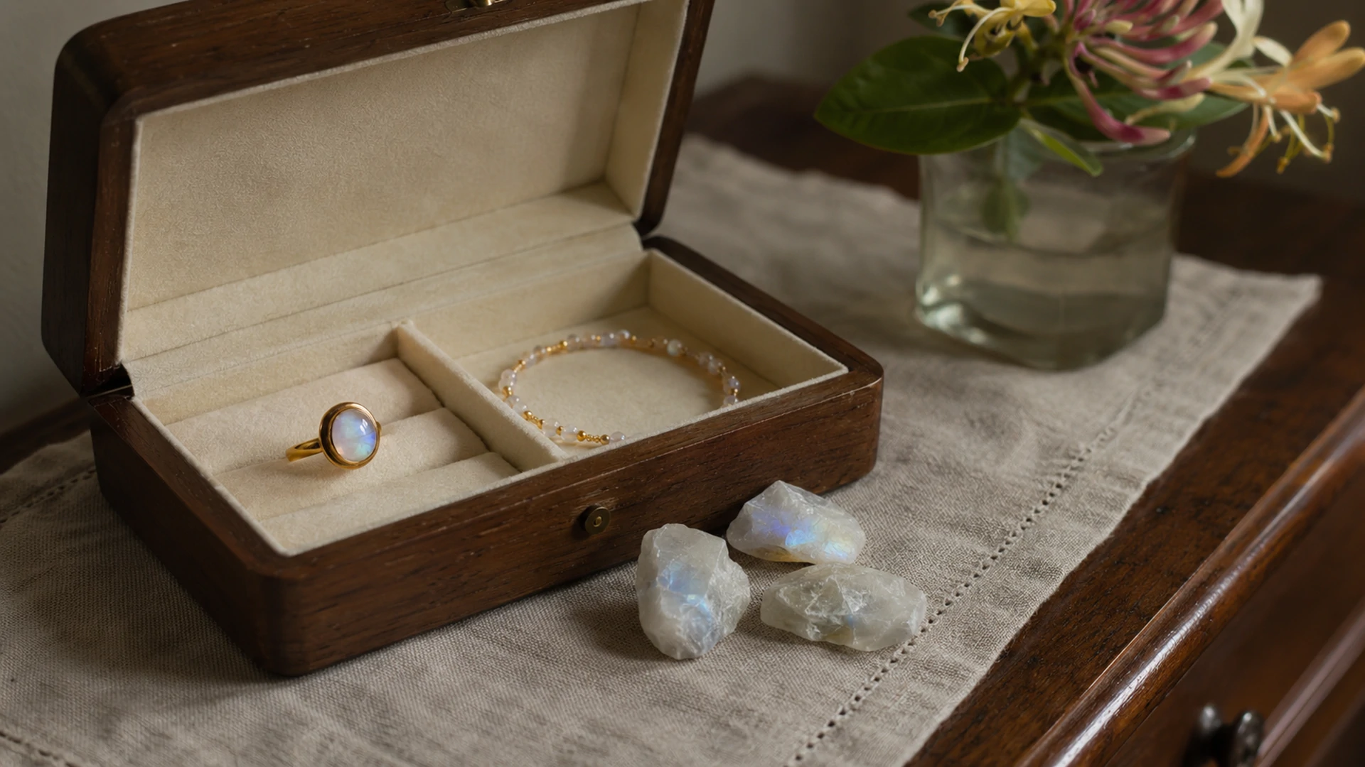 Raw moonstone crystals and a gold ring and bracelet in an open jewelry box beside honeysuckle on a dresser.