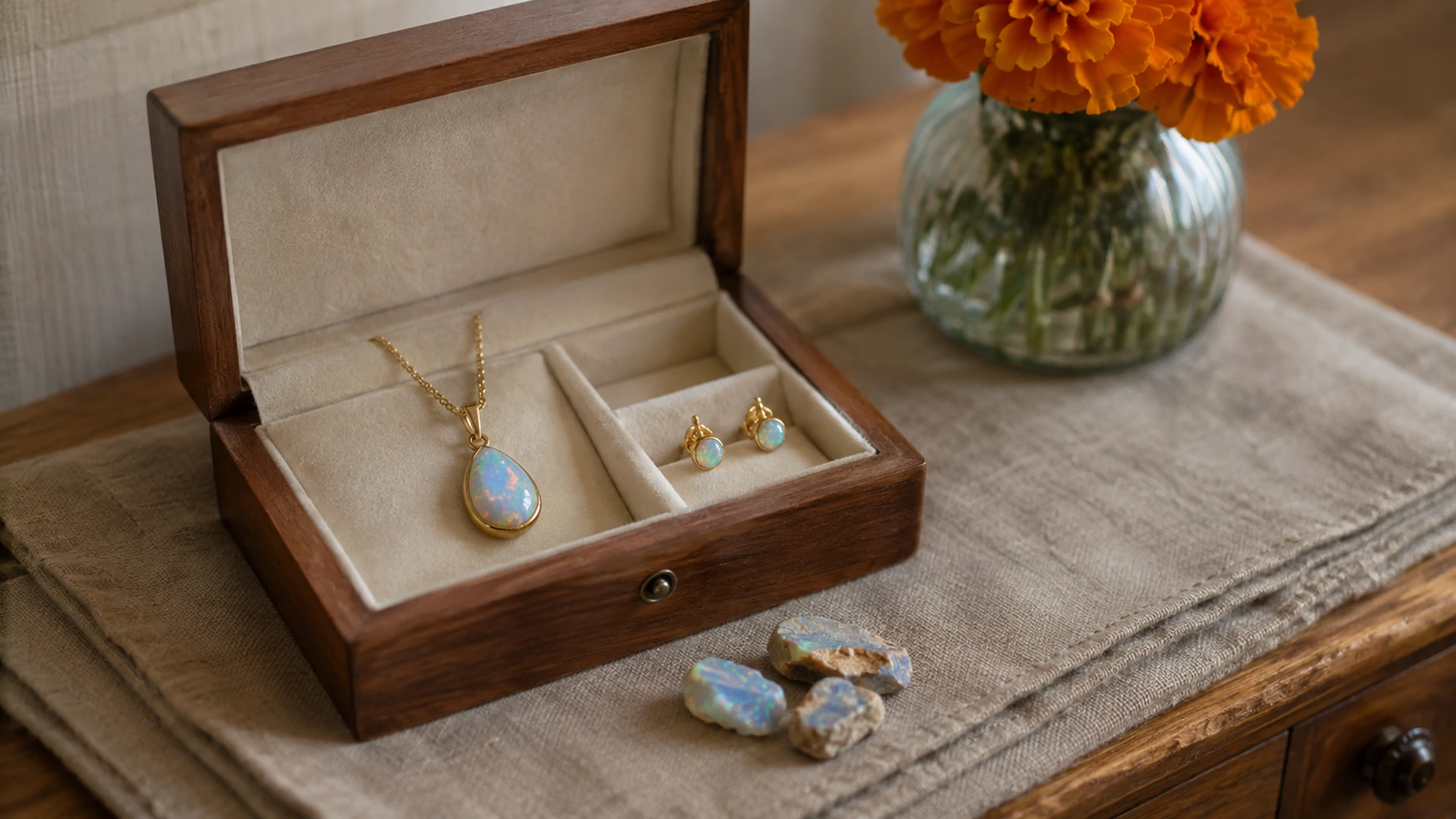 Raw opal pieces and a gold pendant and earrings in an open jewelry box beside orange marigold on a dresser.