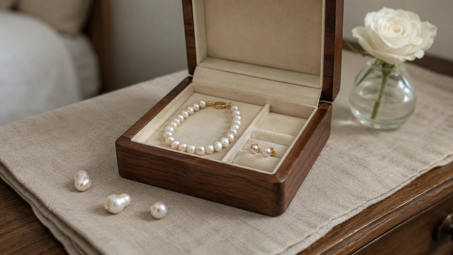A pearl necklace and earrings in an open jewelry box beside loose baroque pearls and a white rose on a dresser.