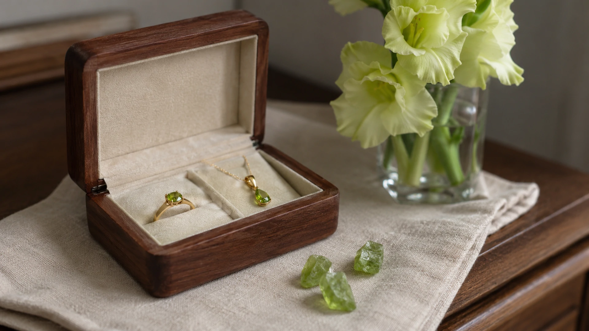 Raw peridot crystals and a gold ring and pendant in an open jewelry box beside green gladiolus on a dresser.