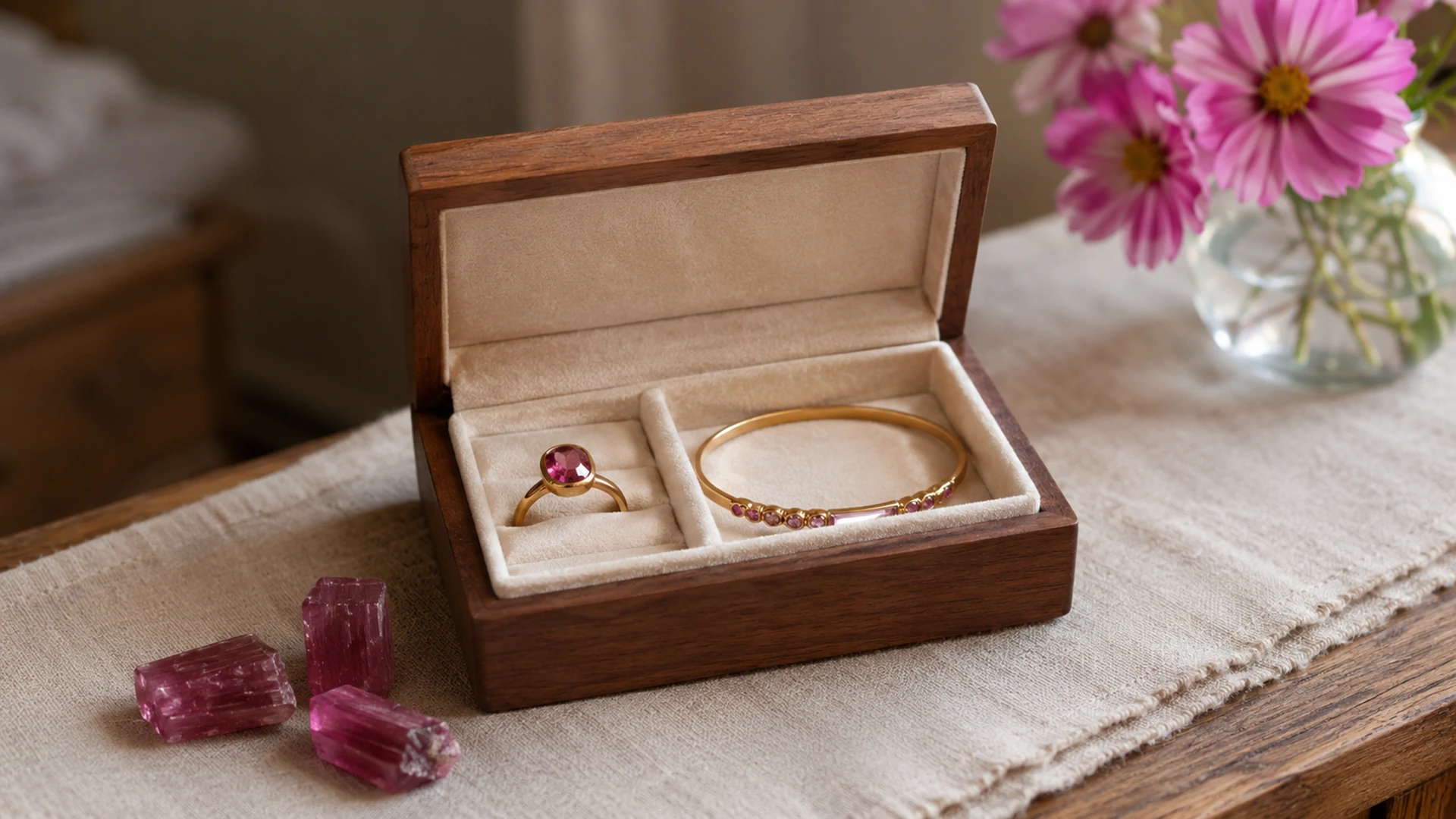 Raw pink tourmaline crystals and a gold ring and bracelet in an open jewelry box beside pink cosmos on a dresser.