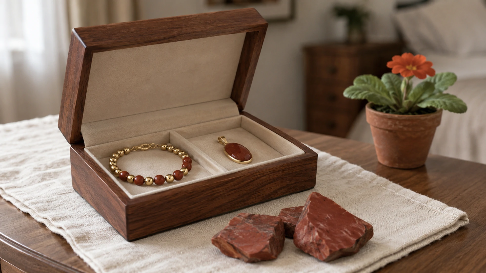 Raw red jasper chunks and a gold bracelet and pendant in an open jewelry box beside a primrose on a sunlit dresser.