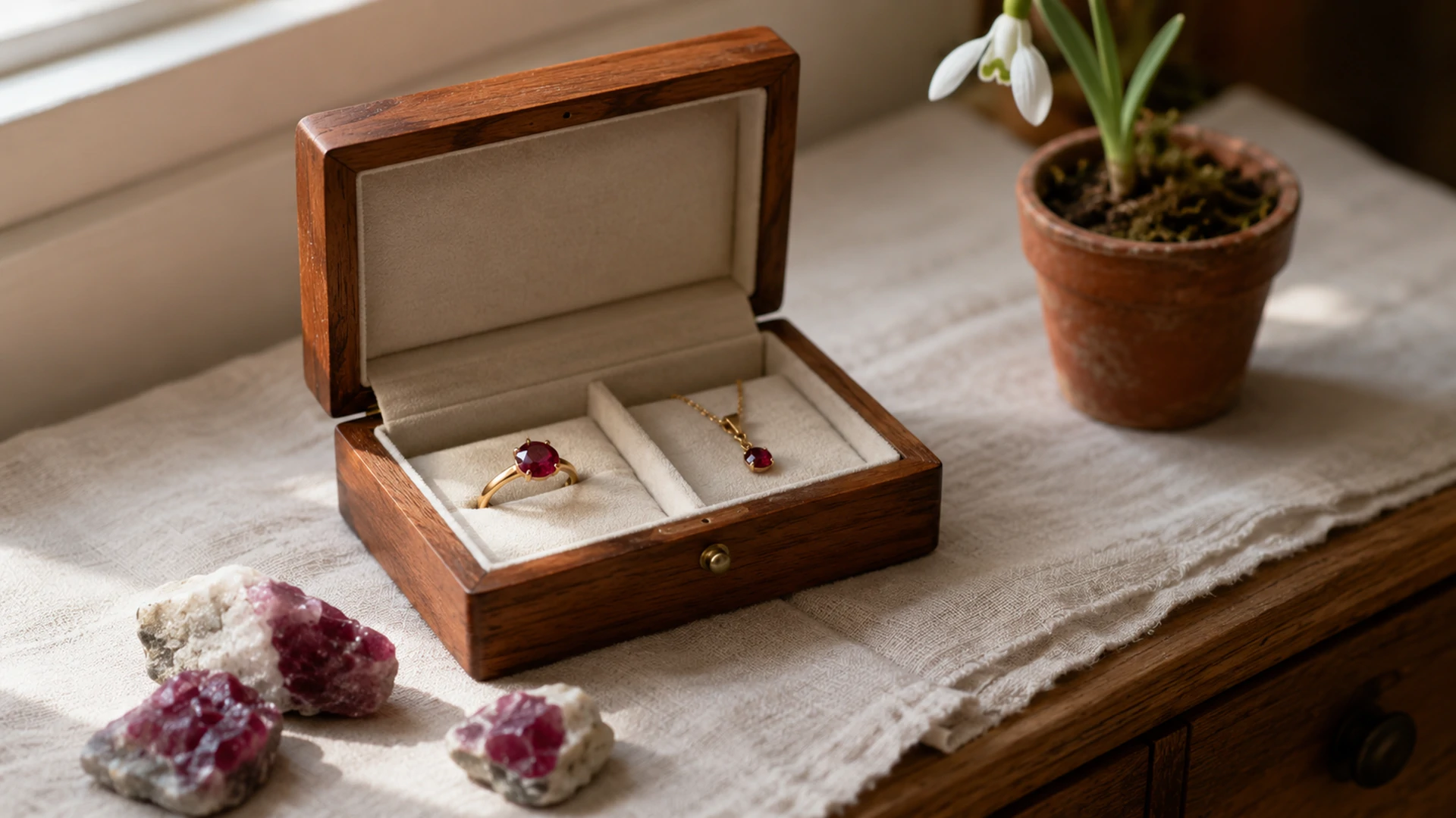 Raw ruby crystals and a gold ring and pendant in an open jewelry box beside a potted snowdrop on a sunlit dresser.