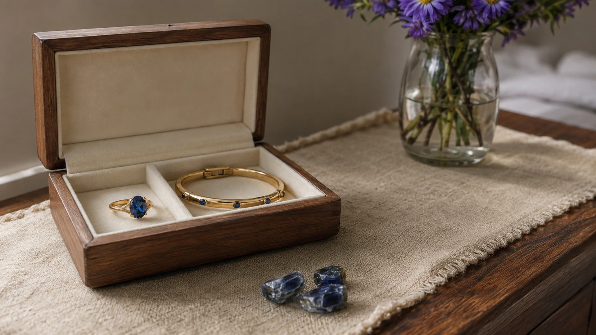 Raw sapphire crystals and a gold ring and bracelet in an open jewelry box beside blue aster on a dresser.
