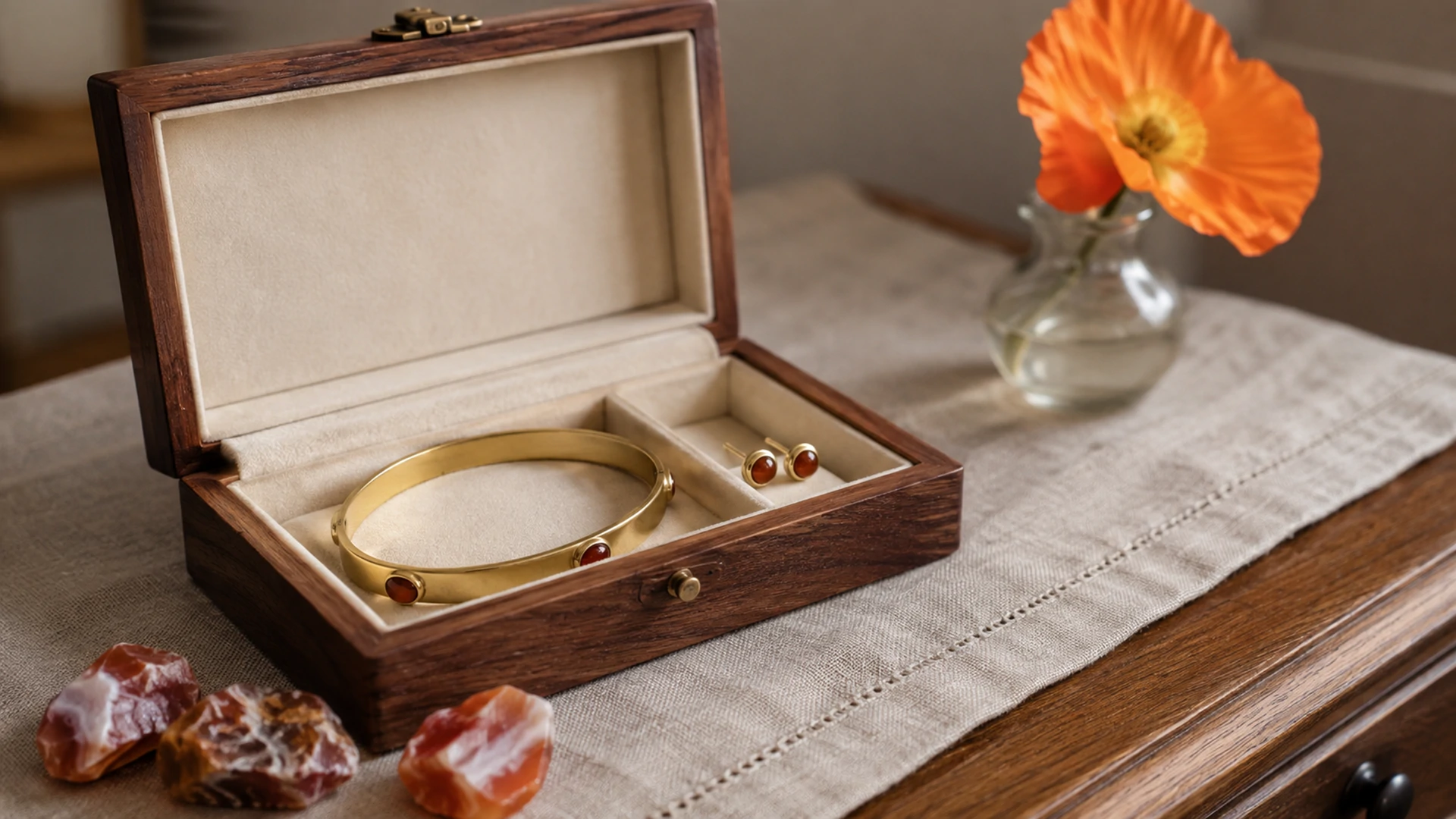 Raw sardonyx pieces and a gold bracelet and earrings in an open jewelry box beside an orange poppy on a dresser.