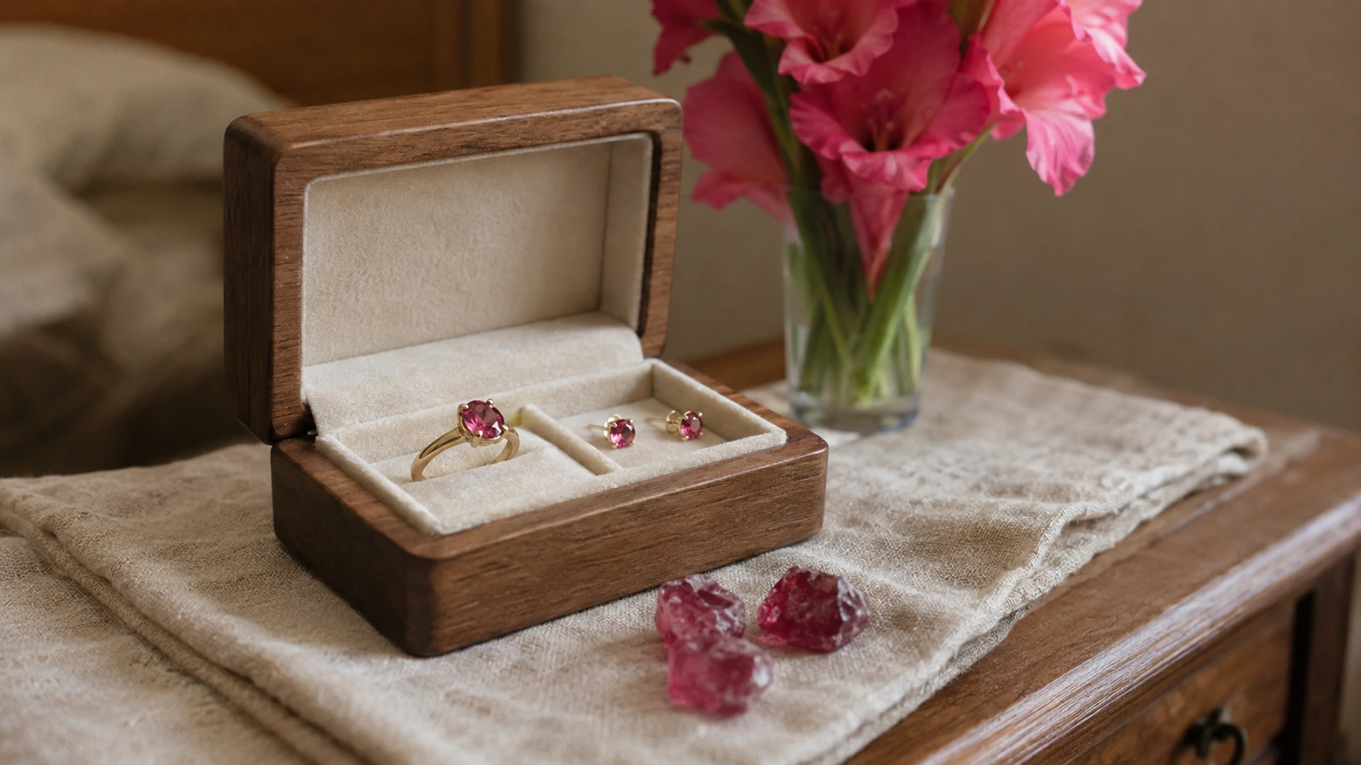 Raw spinel crystals and a gold ring and earrings in an open jewelry box beside pink gladiolus on a dresser.