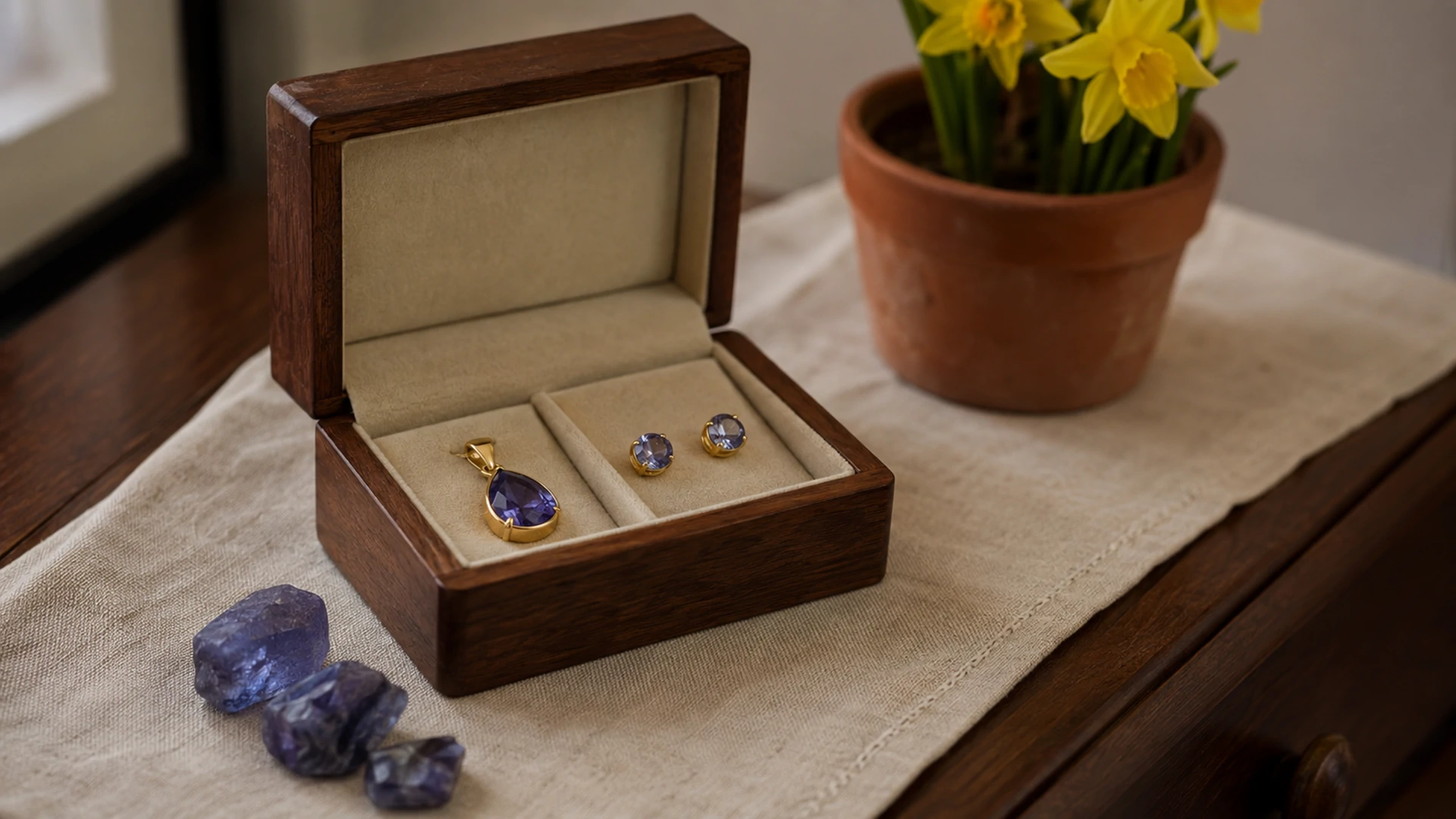 Raw tanzanite crystals and a gold pendant and earrings in an open jewelry box beside yellow narcissus on a dresser.