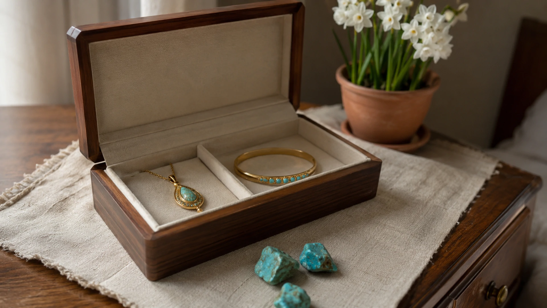 Raw turquoise pieces and a gold pendant and bracelet in an open jewelry box beside white narcissus on a dresser.