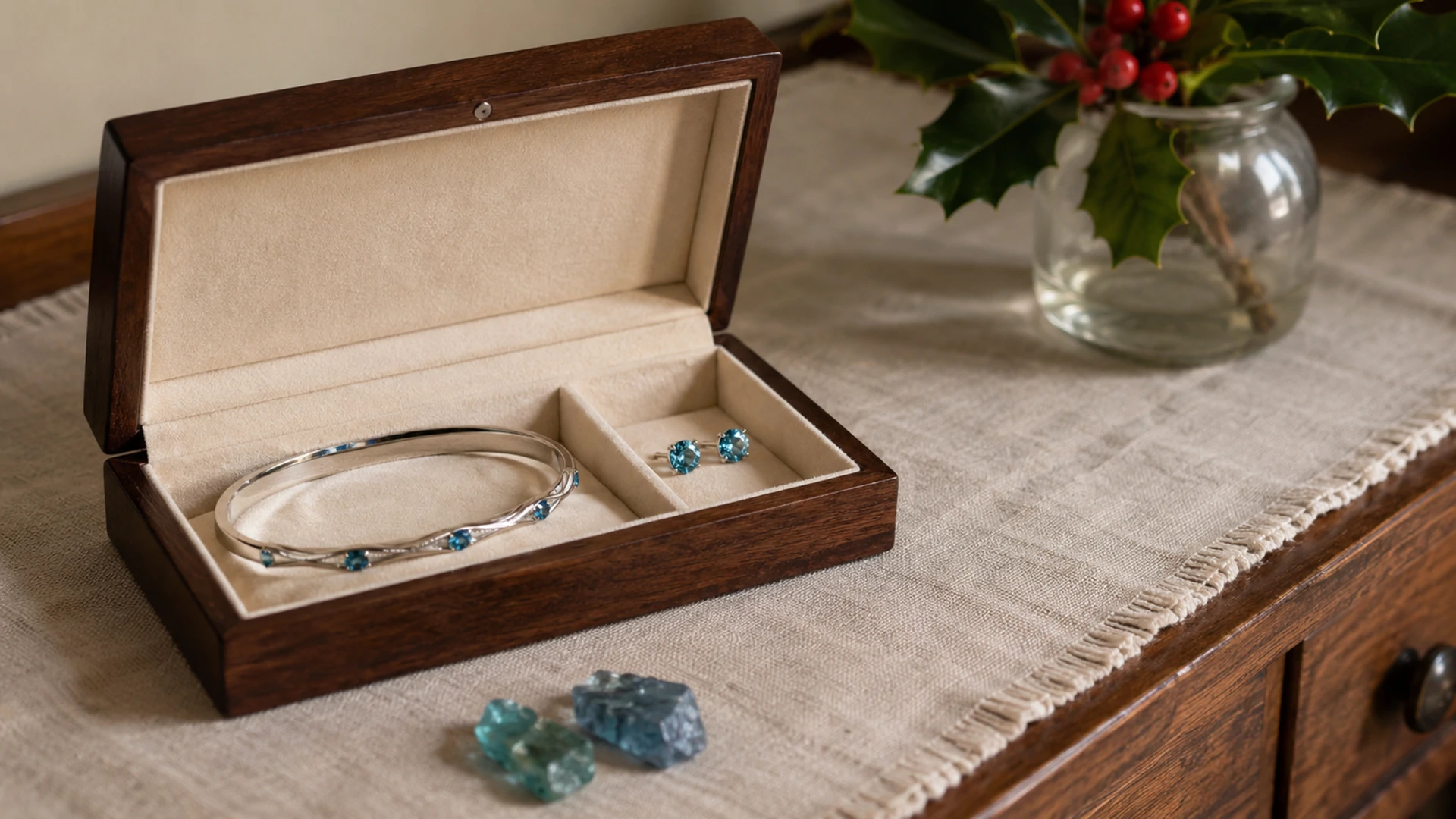 Raw zircon crystals and a silver bracelet and earrings in an open jewelry box beside a holly sprig on a dresser.
