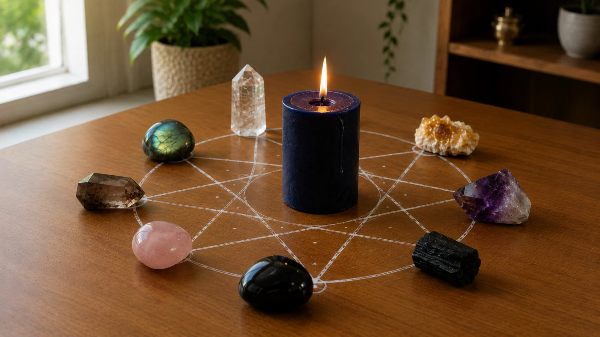 A deep indigo candle burning at the center of a small crystal ring on a chalk-drawn octagram, on a wooden table.
