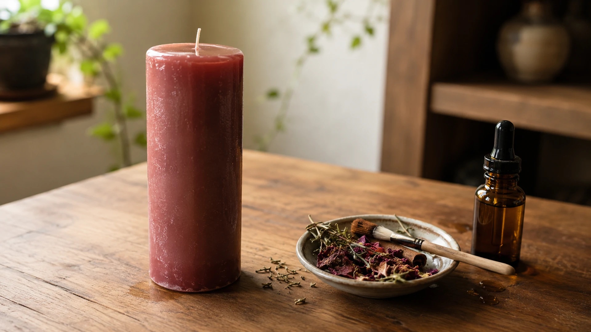 A dusty-rose pillar candle coated in oil next to a dish of dried herbs and petals, a small glass oil bottle, and an oil-tipped brush on a wooden table.