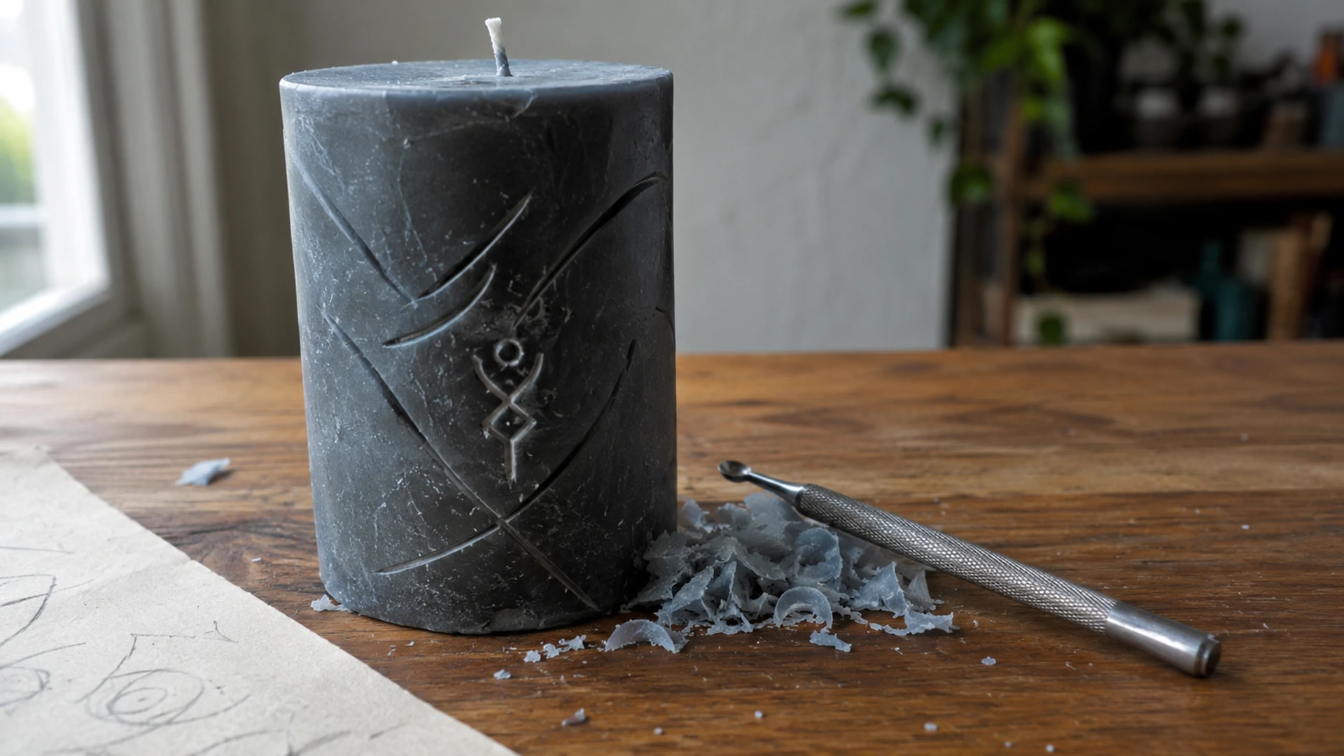 A charcoal-grey pillar candle carved with abstract symbols next to a metal carving tool and curls of wax shavings on a wooden table.
