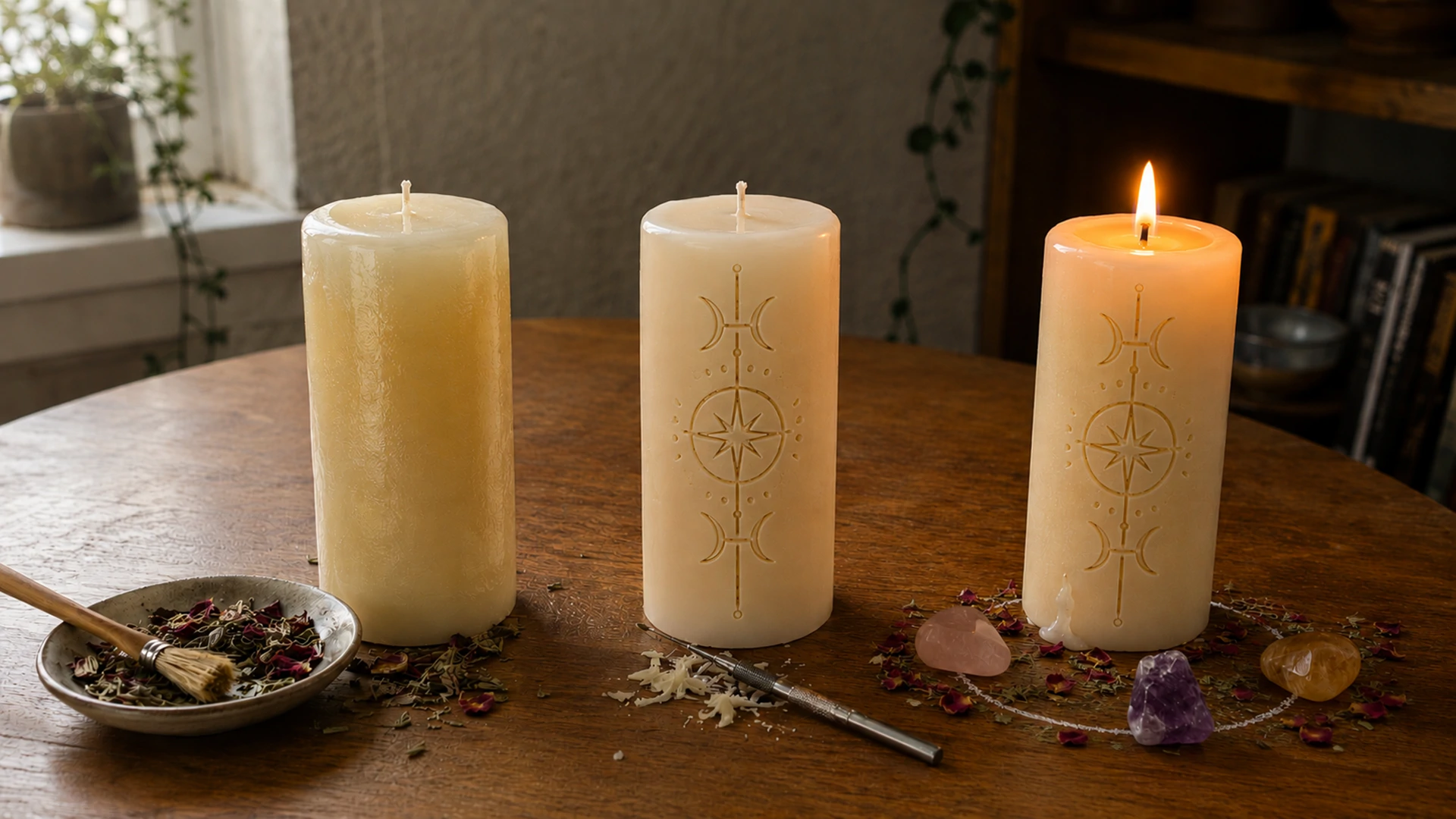 Three white pillar candles on a wooden table: one being anointed with oil beside scattered herbs, one carved with abstract marks, and one lit and encircled by small crystals.