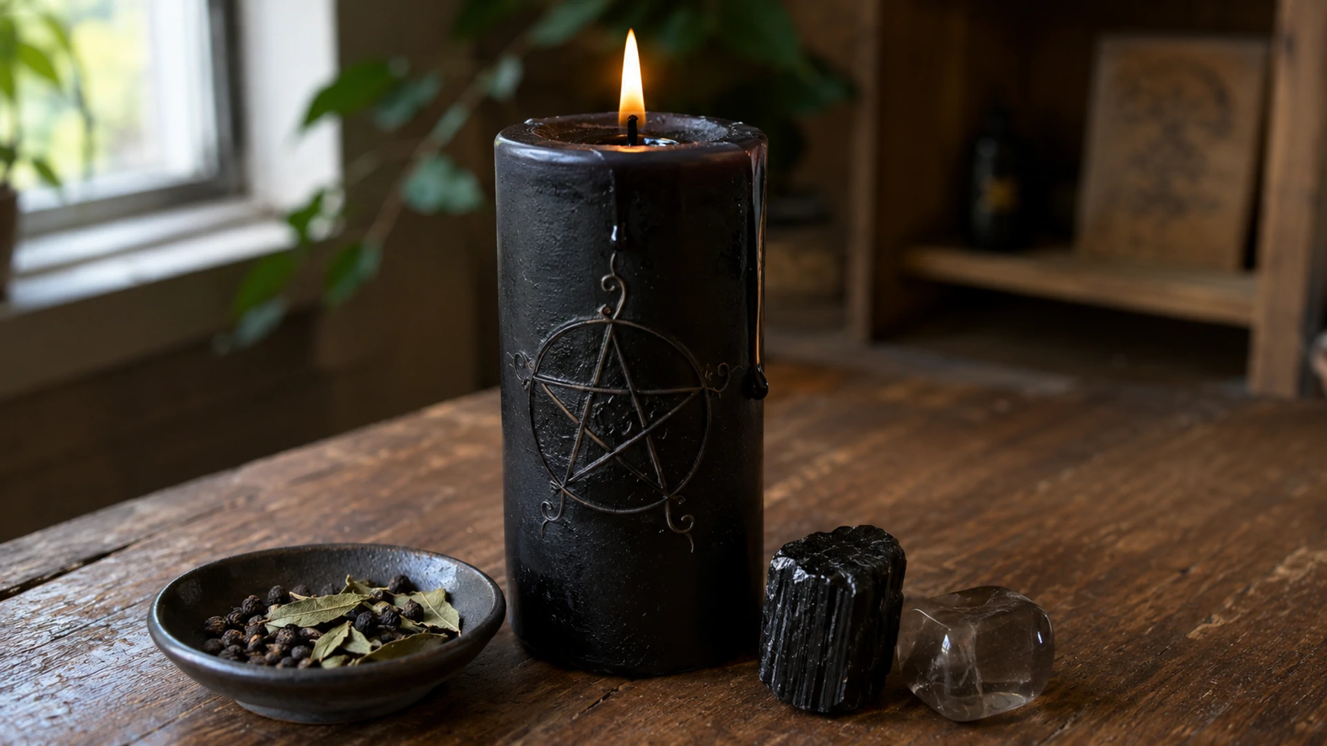 A lit black candle glistening with oil and carved with a decorative five-pointed star symbol, beside a dish of black peppercorns and rue and a black tourmaline and smoky quartz crystal.