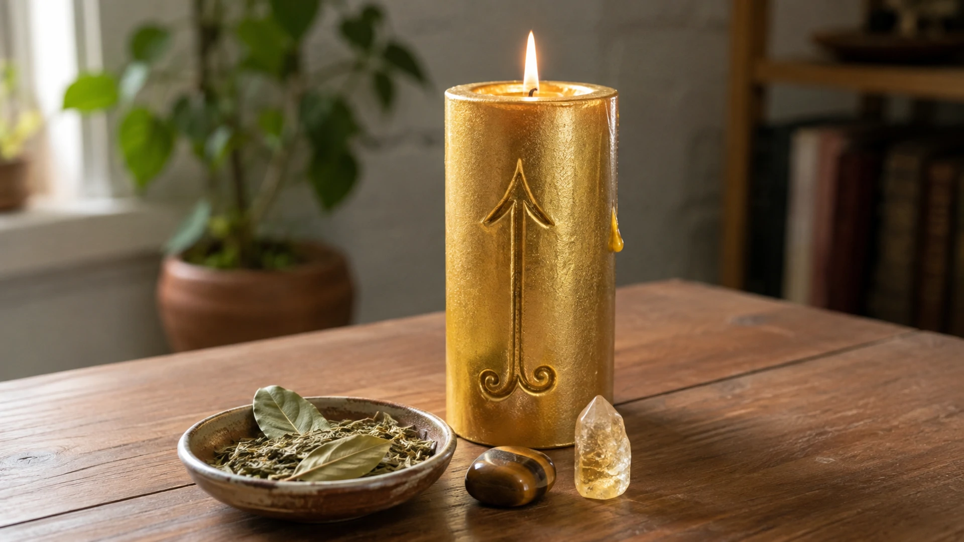 A lit gold candle glistening with oil and carved with a decorative arrow-shaped rune, beside a dish of basil and bay leaves and a tiger's eye and citrine crystal.