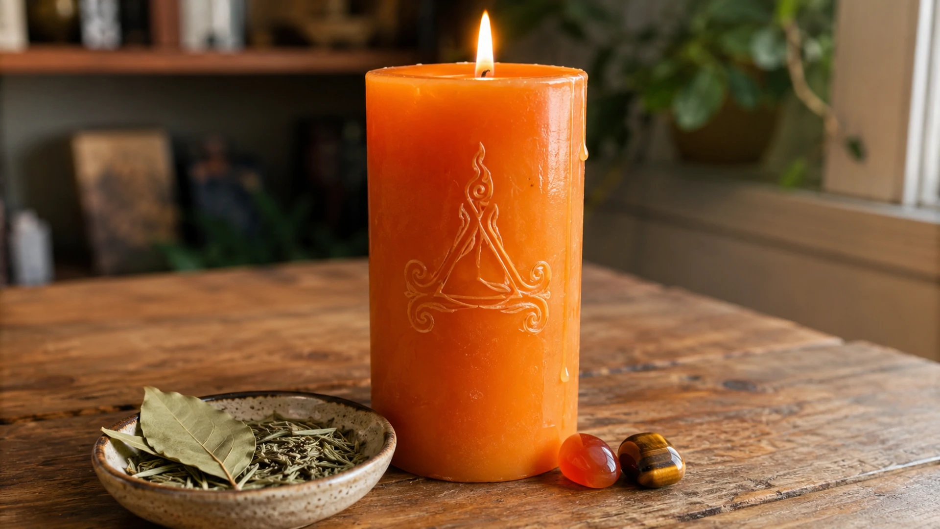 A lit orange candle glistening with oil and carved with a decorative triangular flame symbol, beside a dish of rosemary and bay leaves and a carnelian and tiger's eye crystal.