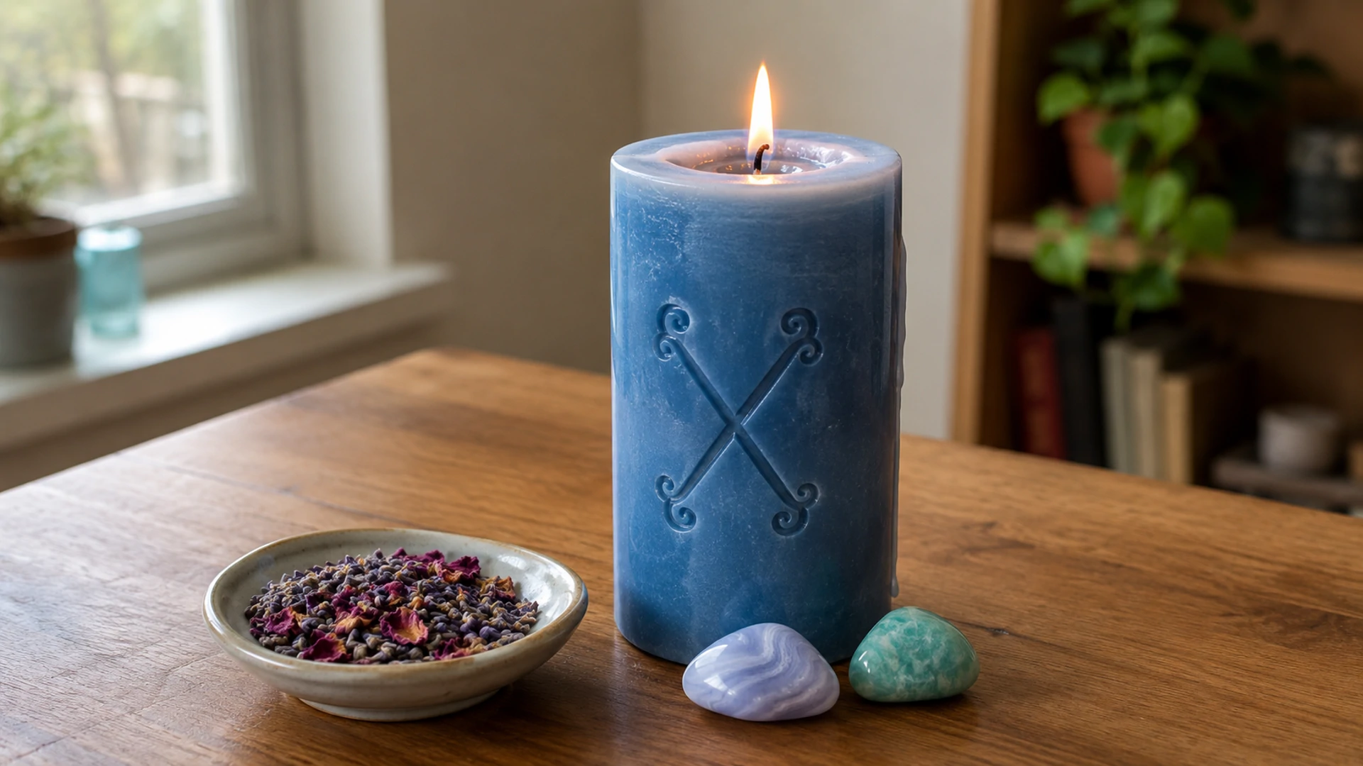 A lit blue candle glistening with oil and carved with a decorative crossed rune, beside a dish of lavender buds and rose petals and a blue lace agate and amazonite crystal.