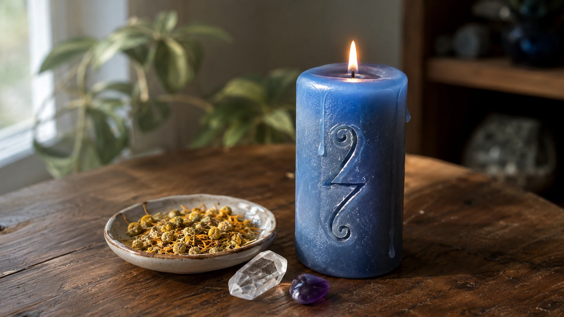 A lit blue candle glistening with oil and carved with a decorative sun rune, beside a dish of chamomile and calendula and a clear quartz and amethyst crystal.