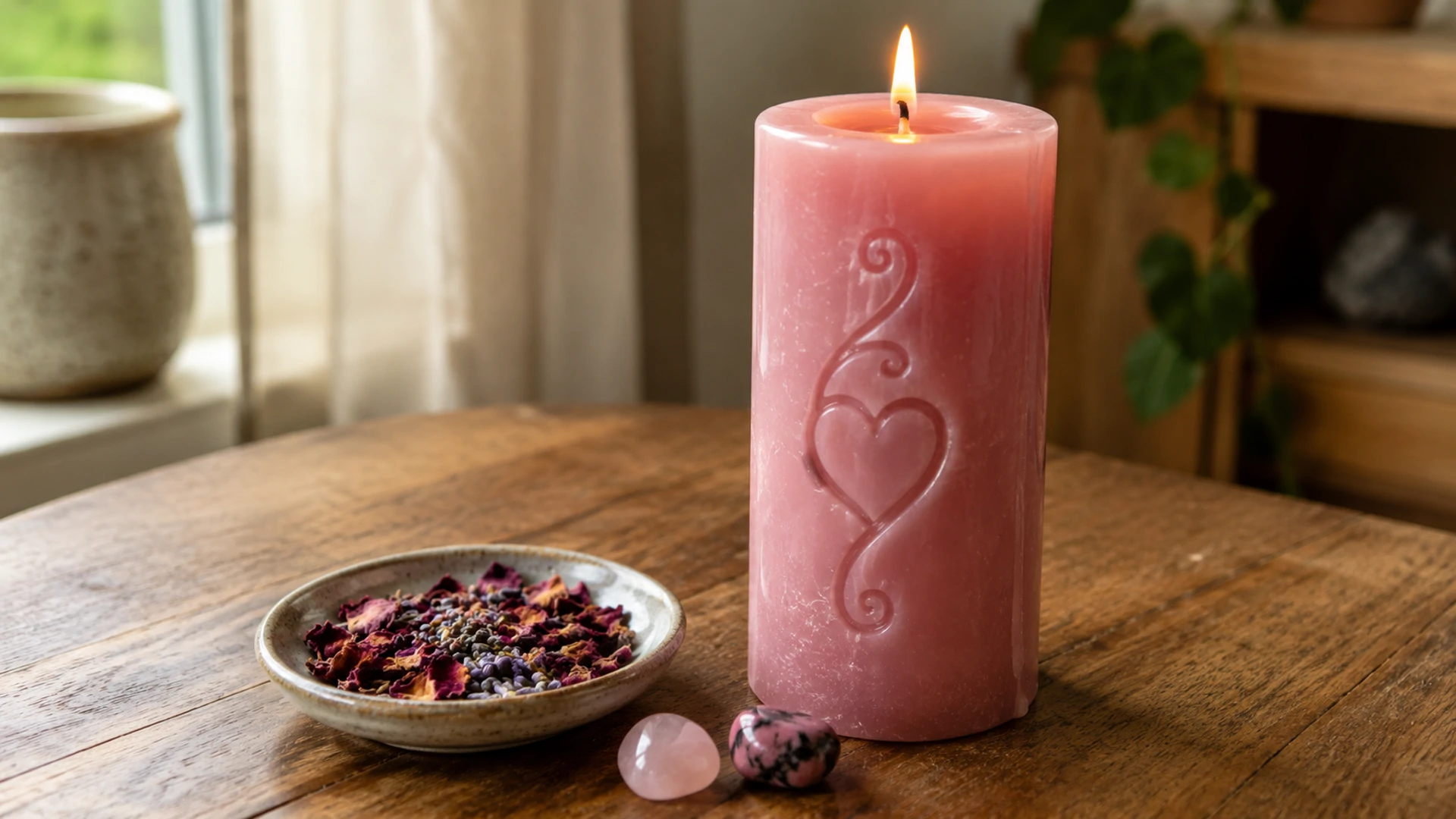 A lit pink candle glistening with oil and carved with an ornate heart entwined with a curling vine, beside a dish of rose petals and lavender and two pink crystals.