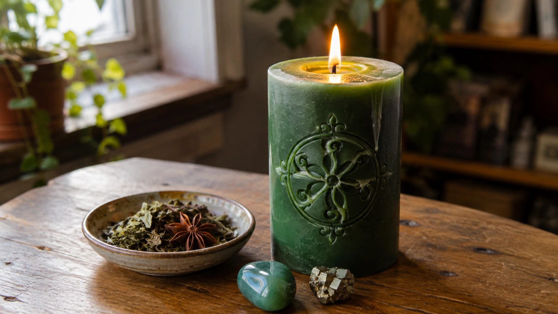 A lit green candle glistening with oil and carved with a decorative spoked wheel symbol, beside a dish of basil and star anise and a green aventurine and pyrite crystal.