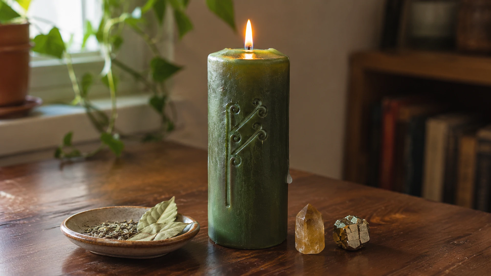 A lit green candle glistening with oil and carved with a decorative rune, beside a dish of basil and bay leaves and a citrine and pyrite crystal.