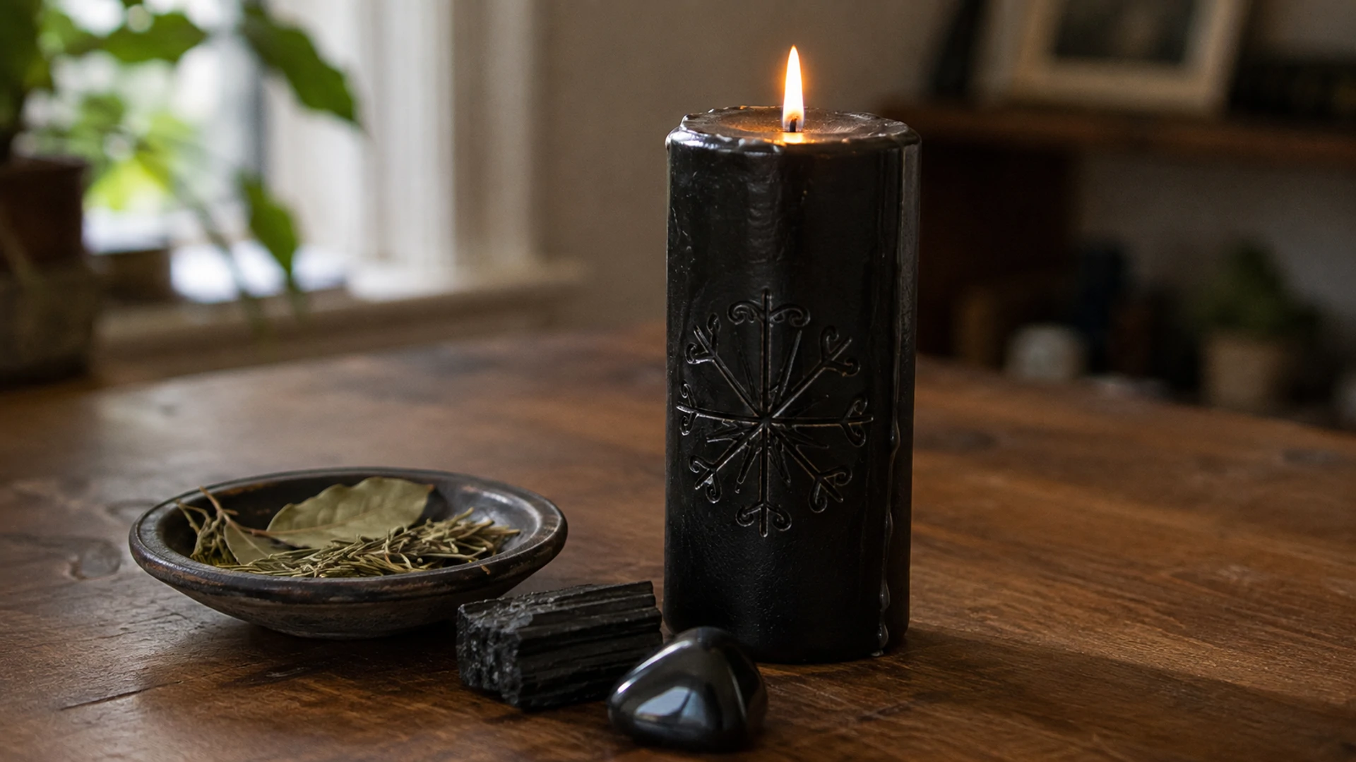 A lit black candle glistening with oil and carved with a radiating ward symbol, beside a dish of rosemary and bay leaves and a black tourmaline and obsidian crystal.