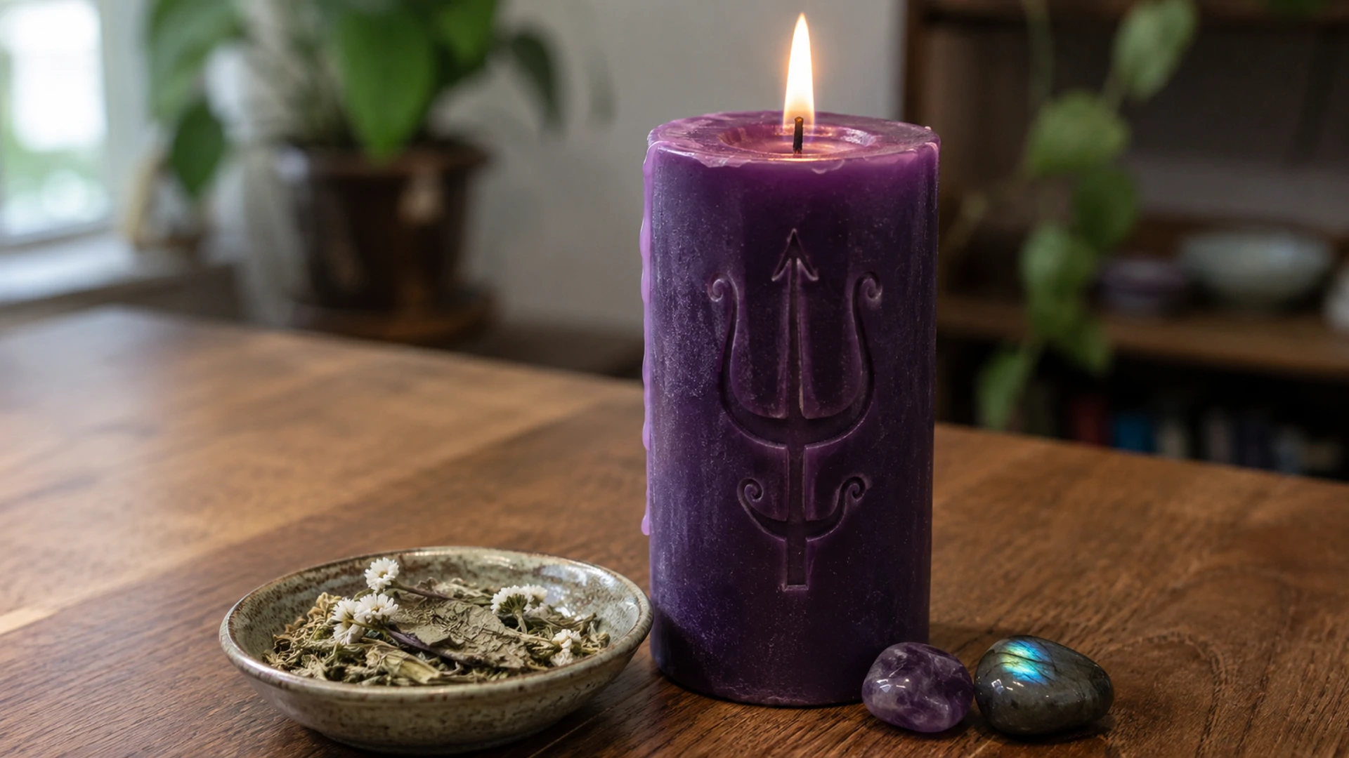 A lit purple candle glistening with oil and carved with a decorative trident-like symbol, beside a dish of mugwort and eyebright and an amethyst and labradorite crystal.