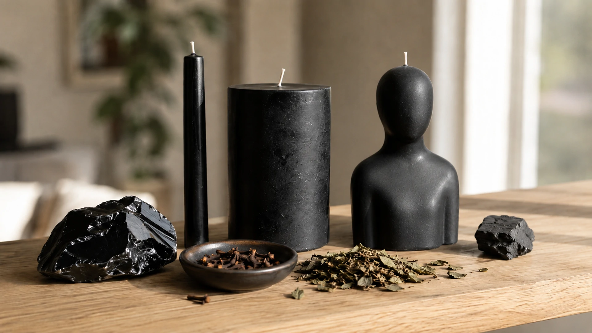 Unlit black candles with obsidian, jet, patchouli, and clove for black candle magic banishing work