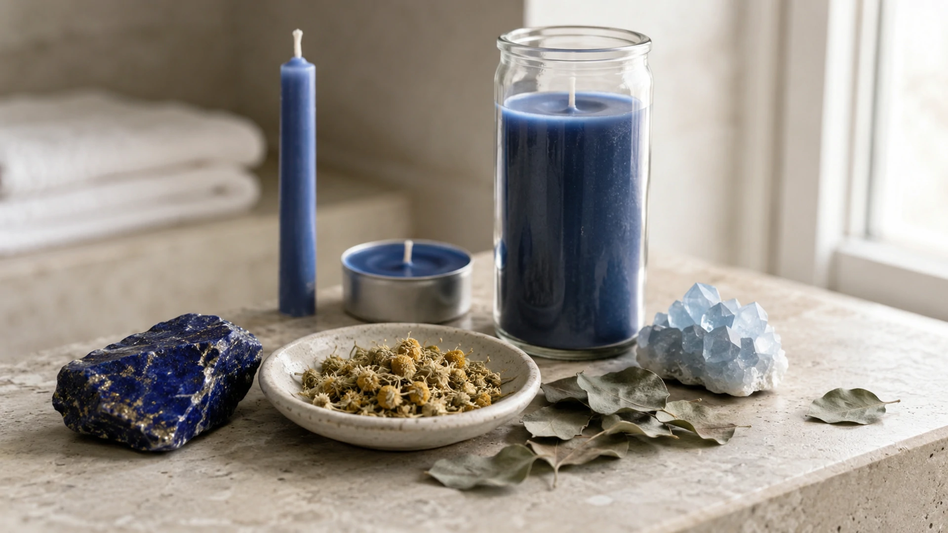 Unlit blue candles with lapis lazuli, celestite, chamomile, and eucalyptus for blue candle magic