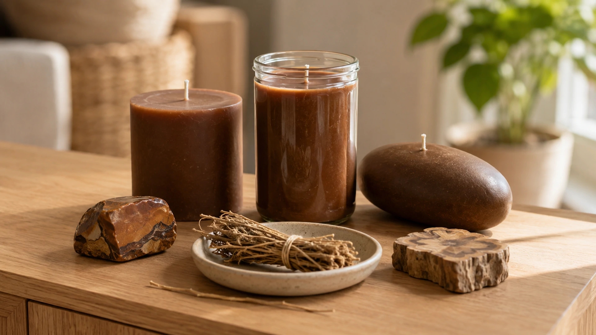 Unlit brown candles with brown jasper, petrified wood, and vetiver root for brown candle magic