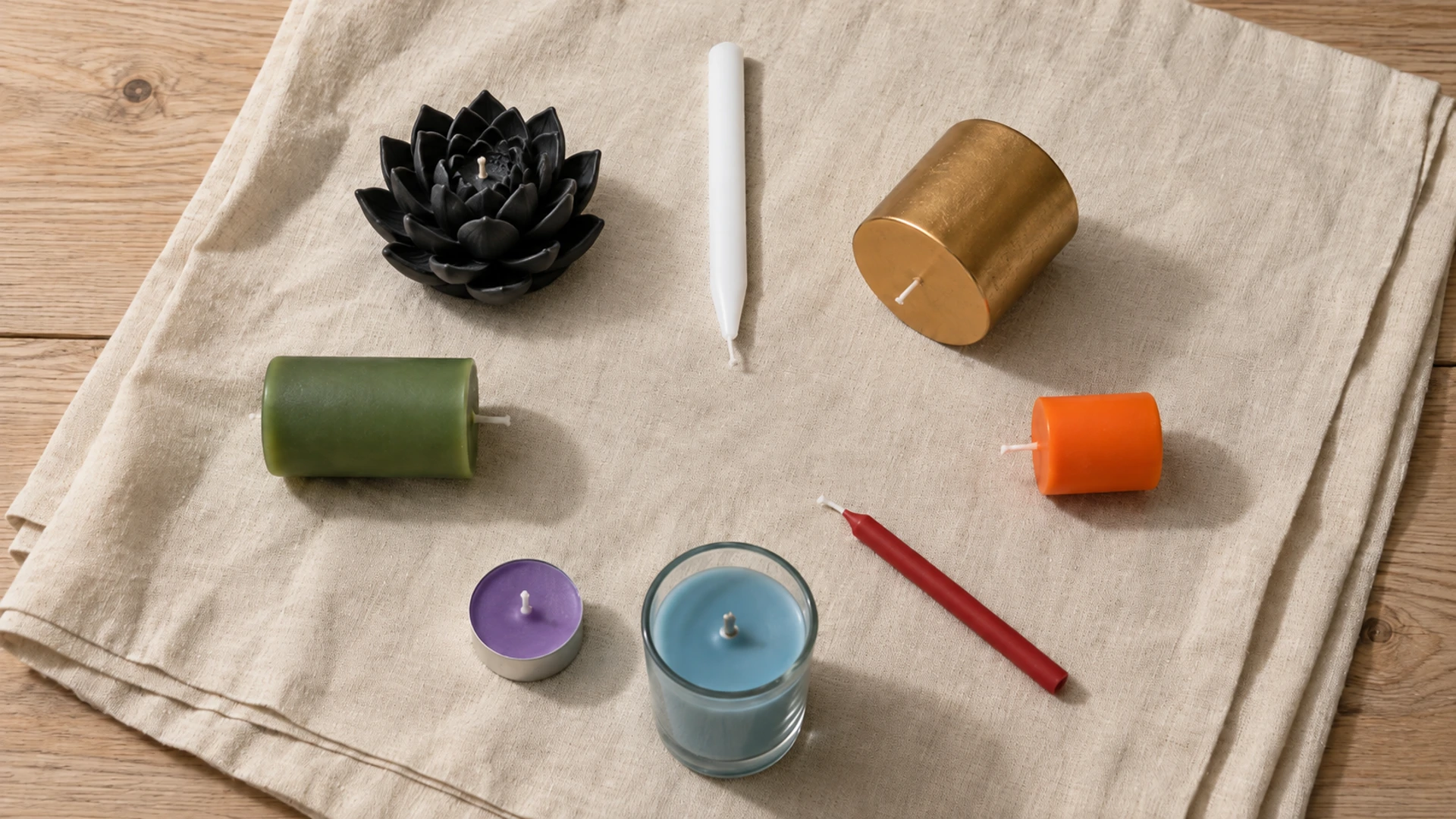 Colorful unlit candles of different shapes arranged in a circle illustrating candle color magic correspondences